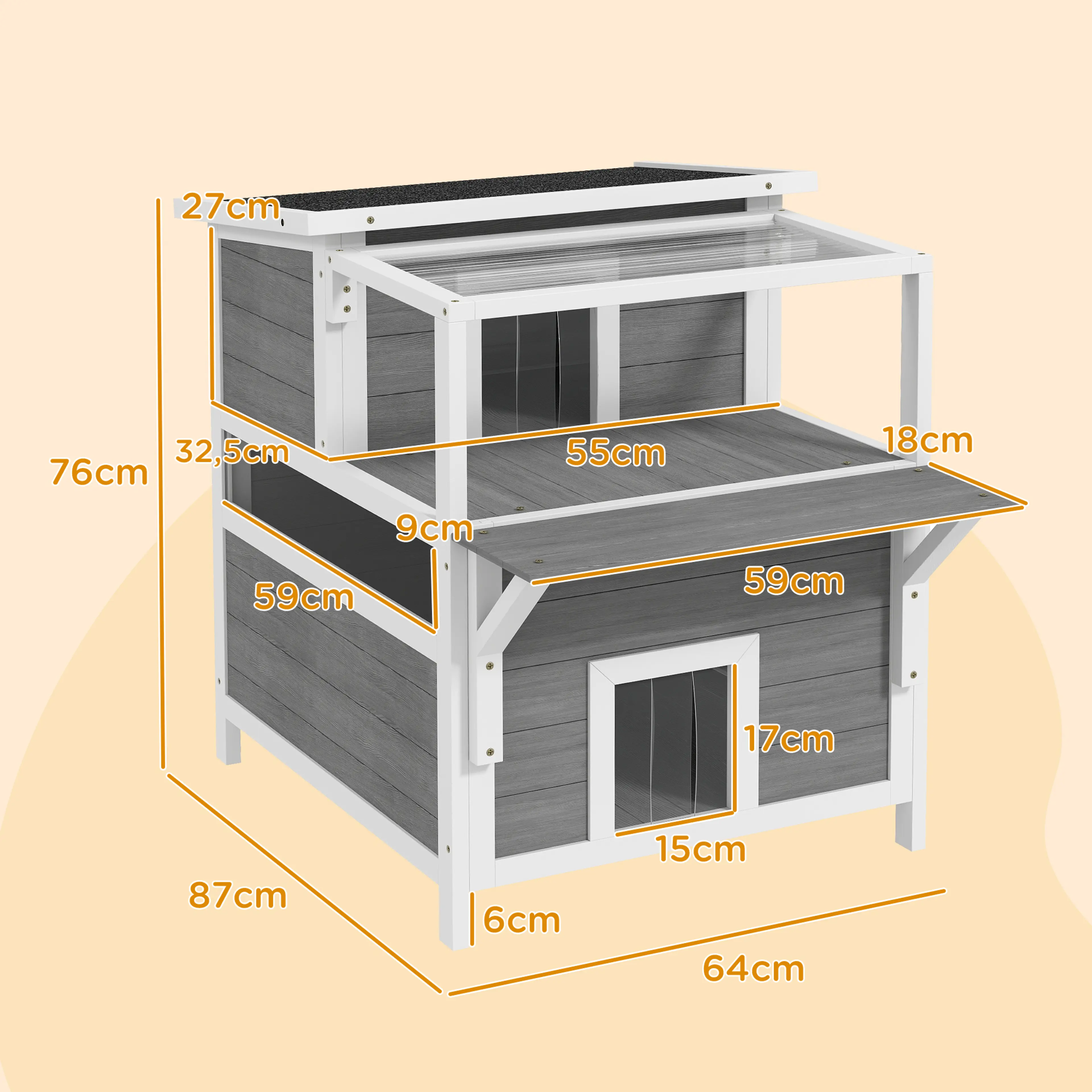 Måttskiss: 87 × 64 × 76 cm med balkong 59 × 27 cm