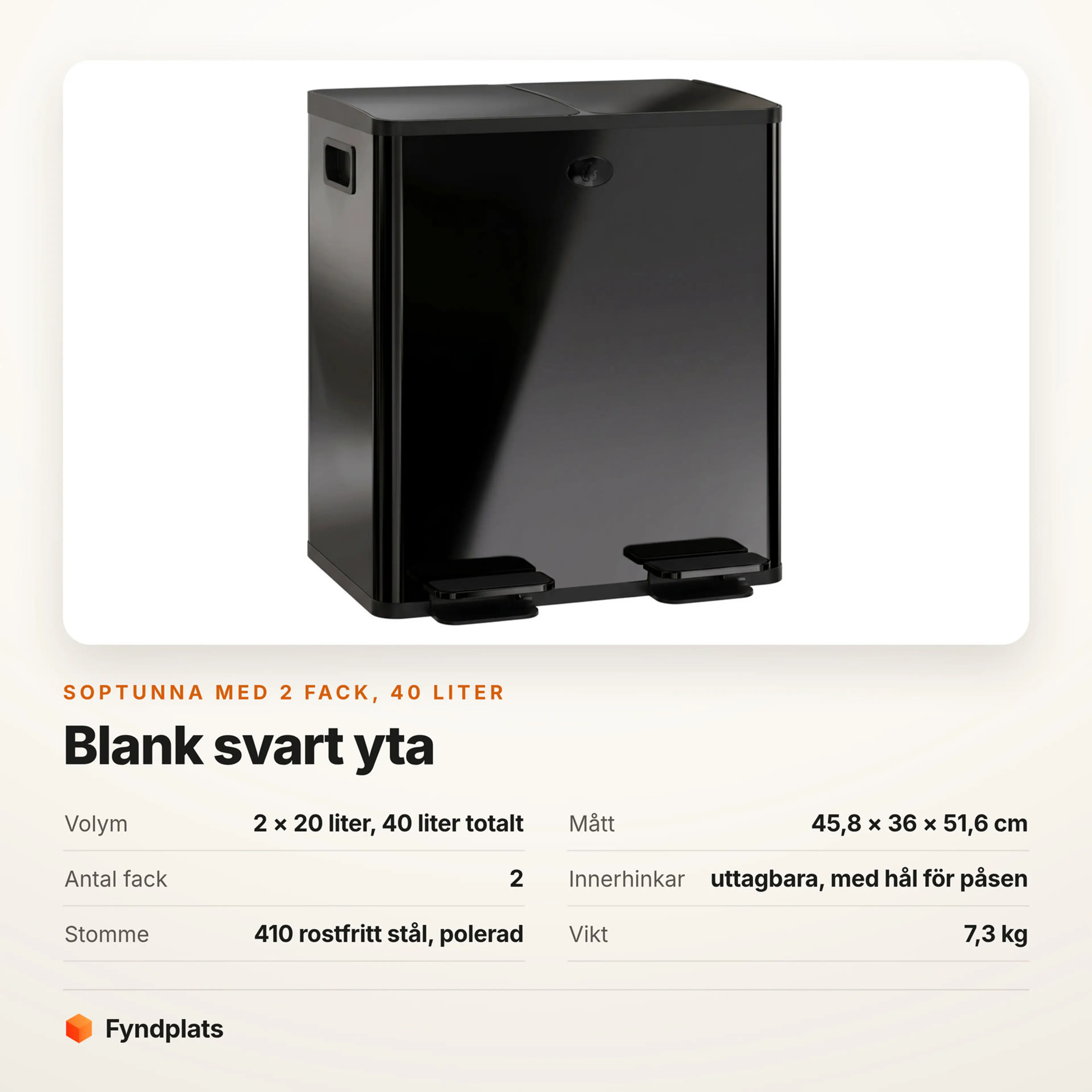 Faktakort: soptunna med två fack 40 liter i svart, mått, innerhinkar och stommens material