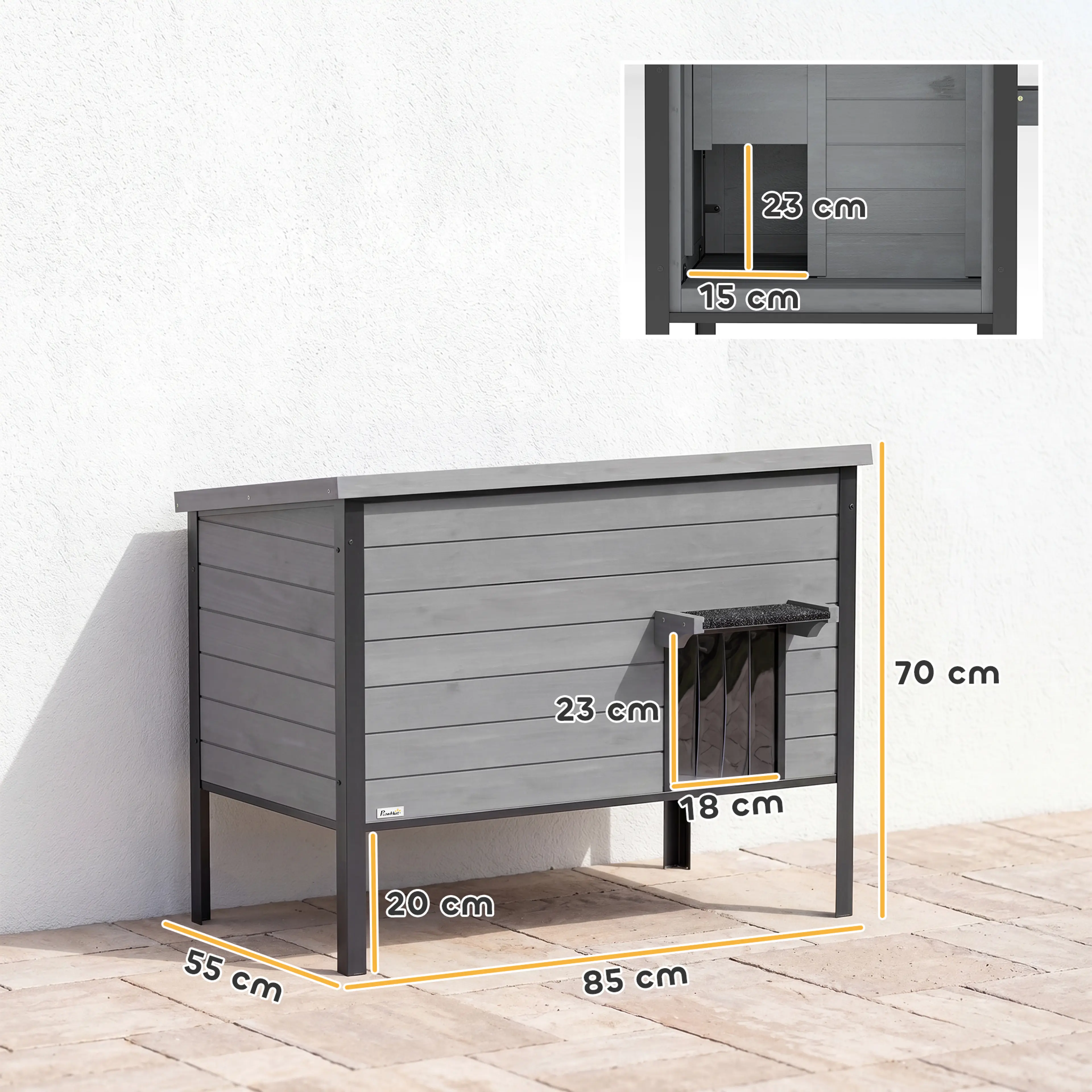 Måttskiss: 85 × 55 × 70 cm, ingång 23 cm hög och ben på 20 cm