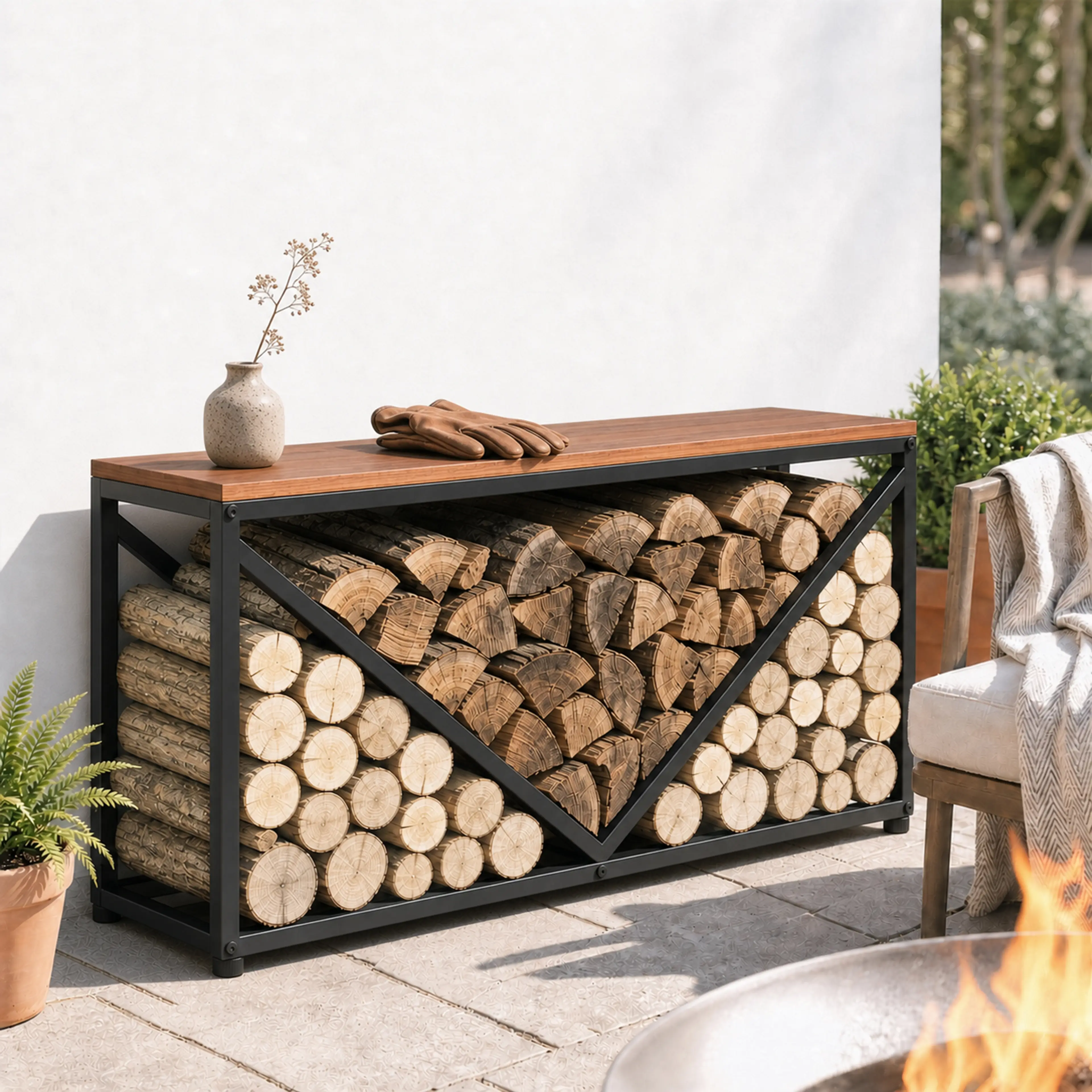 Vedstället fyllt med ved på en altan bredvid en eldkorg
