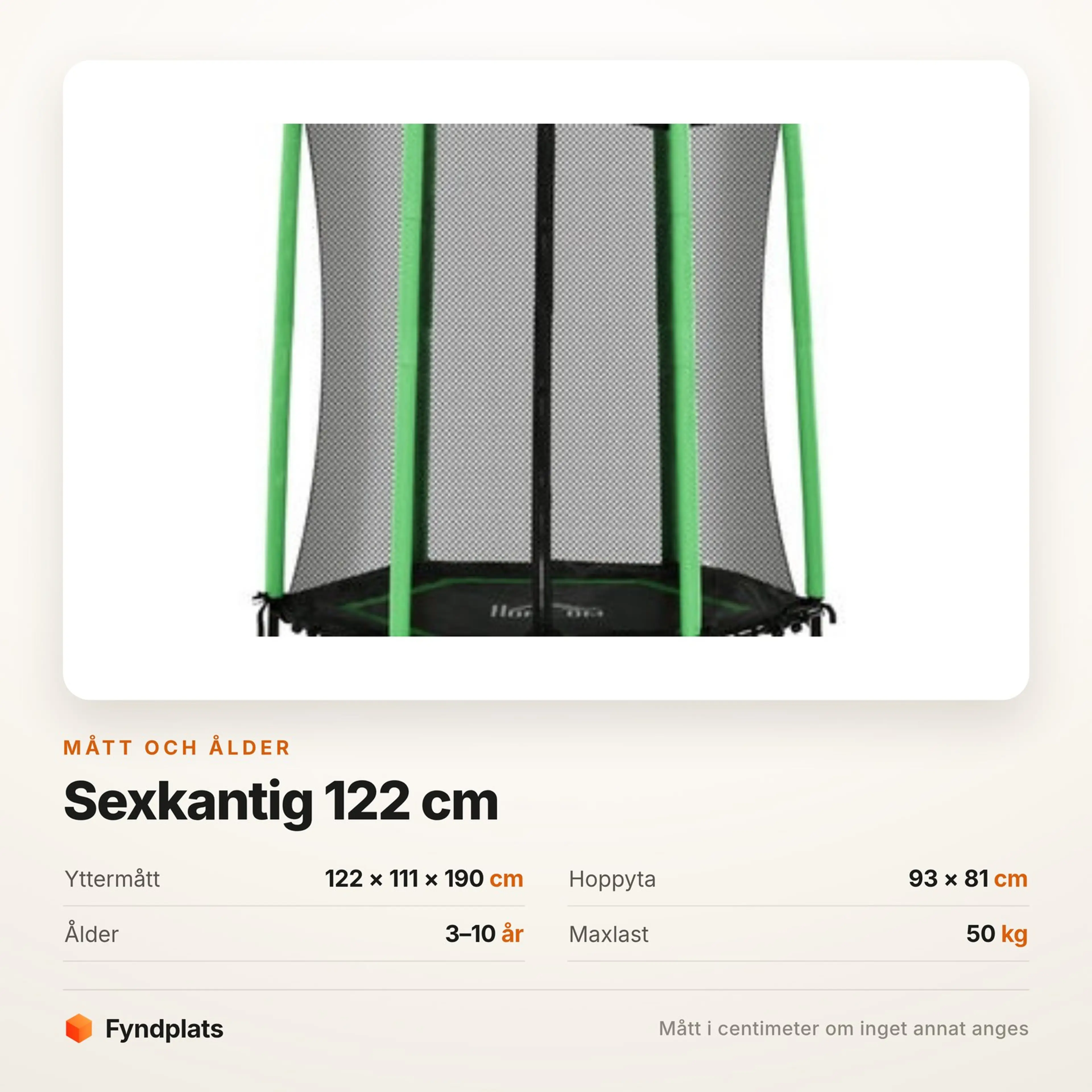 Faktakort: ramen 122 × 111 × 190 cm, hoppyta 93 × 81 cm, ålder 3–10 år och maxlast 50 kg