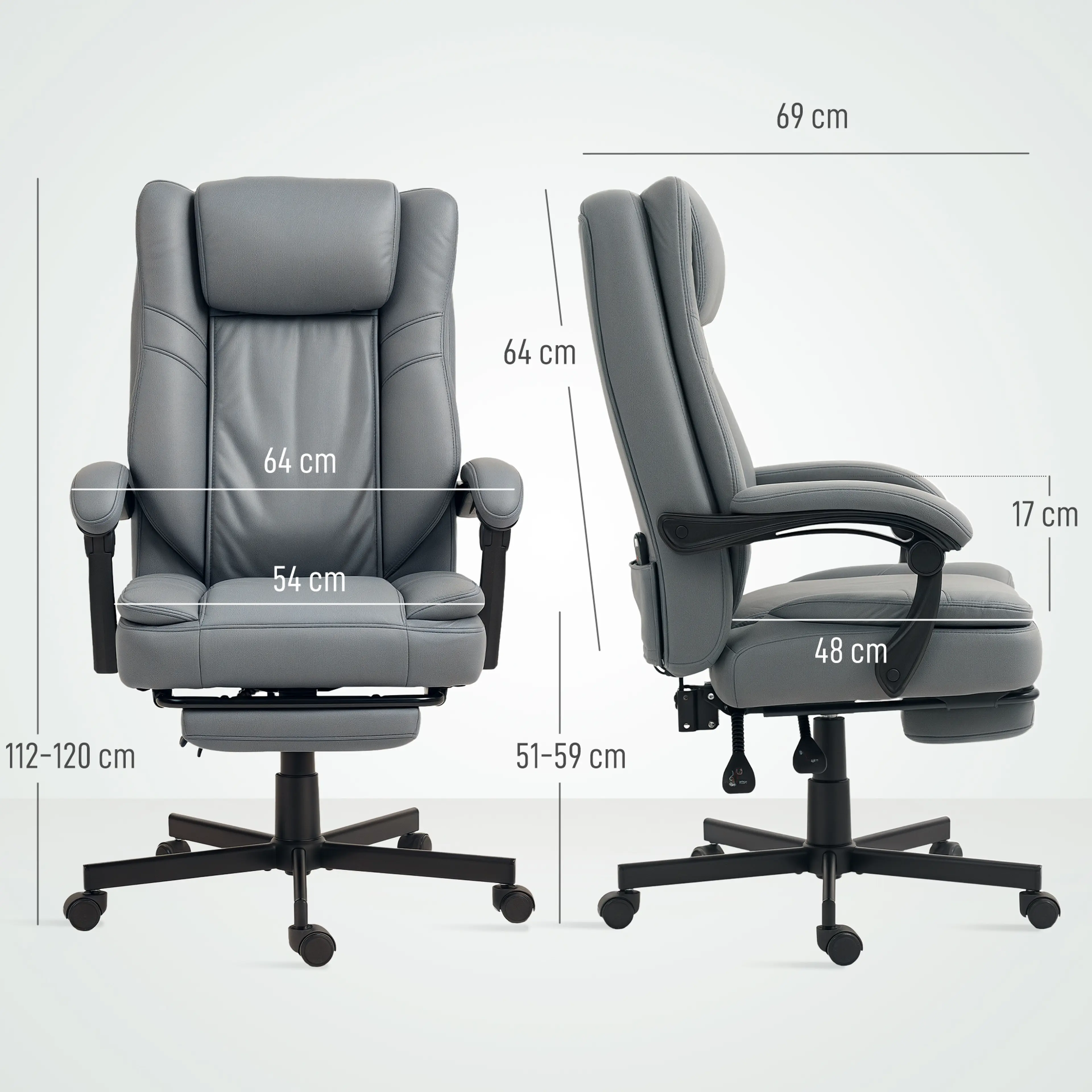Måttritning med bredd 69 cm, sitsbredd 54 cm, höjd 112–120 cm och sitthöjd 51–59 cm