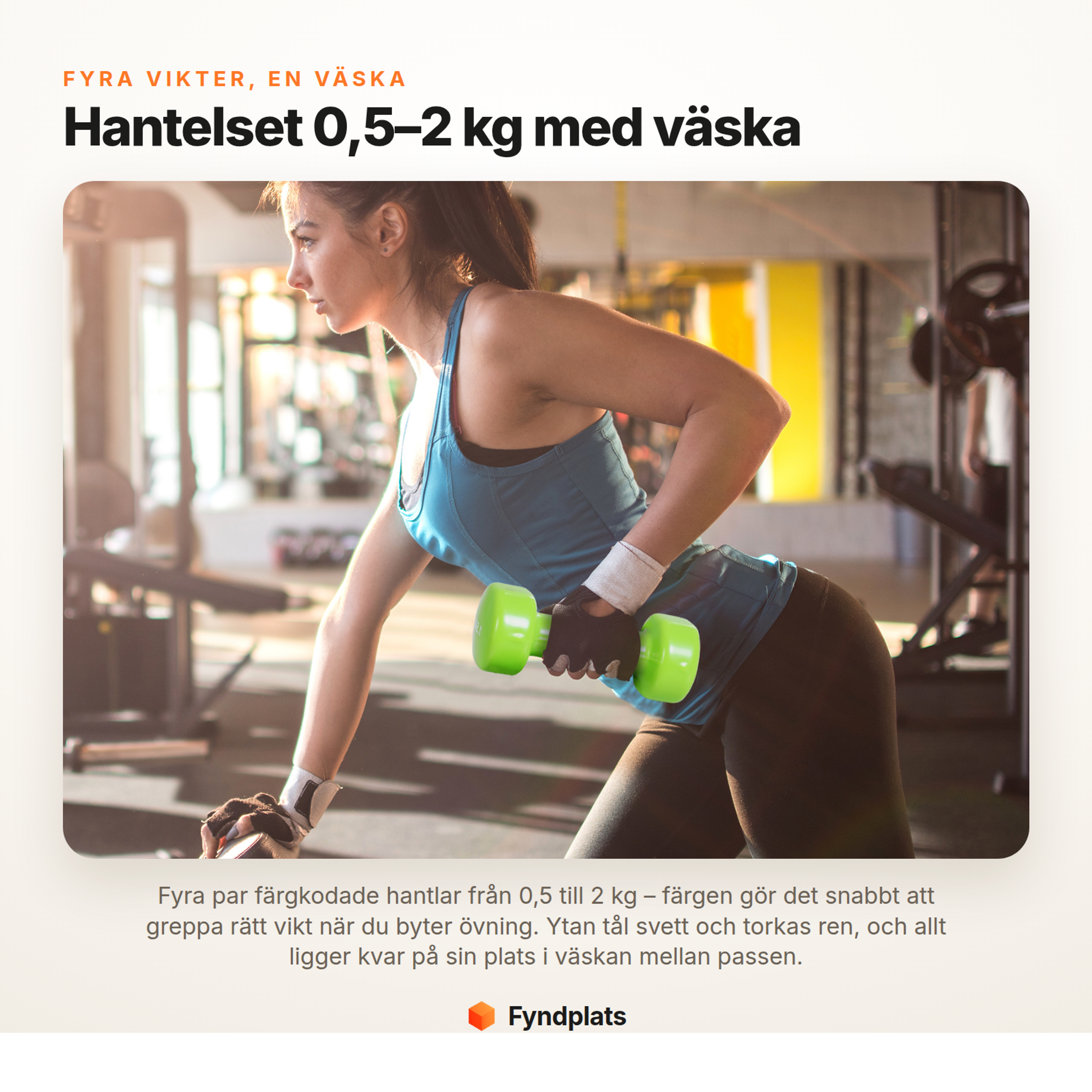 Fyndplats – hantelset med fyra par färgkodade hantlar 0,5–2 kg och medföljande väska