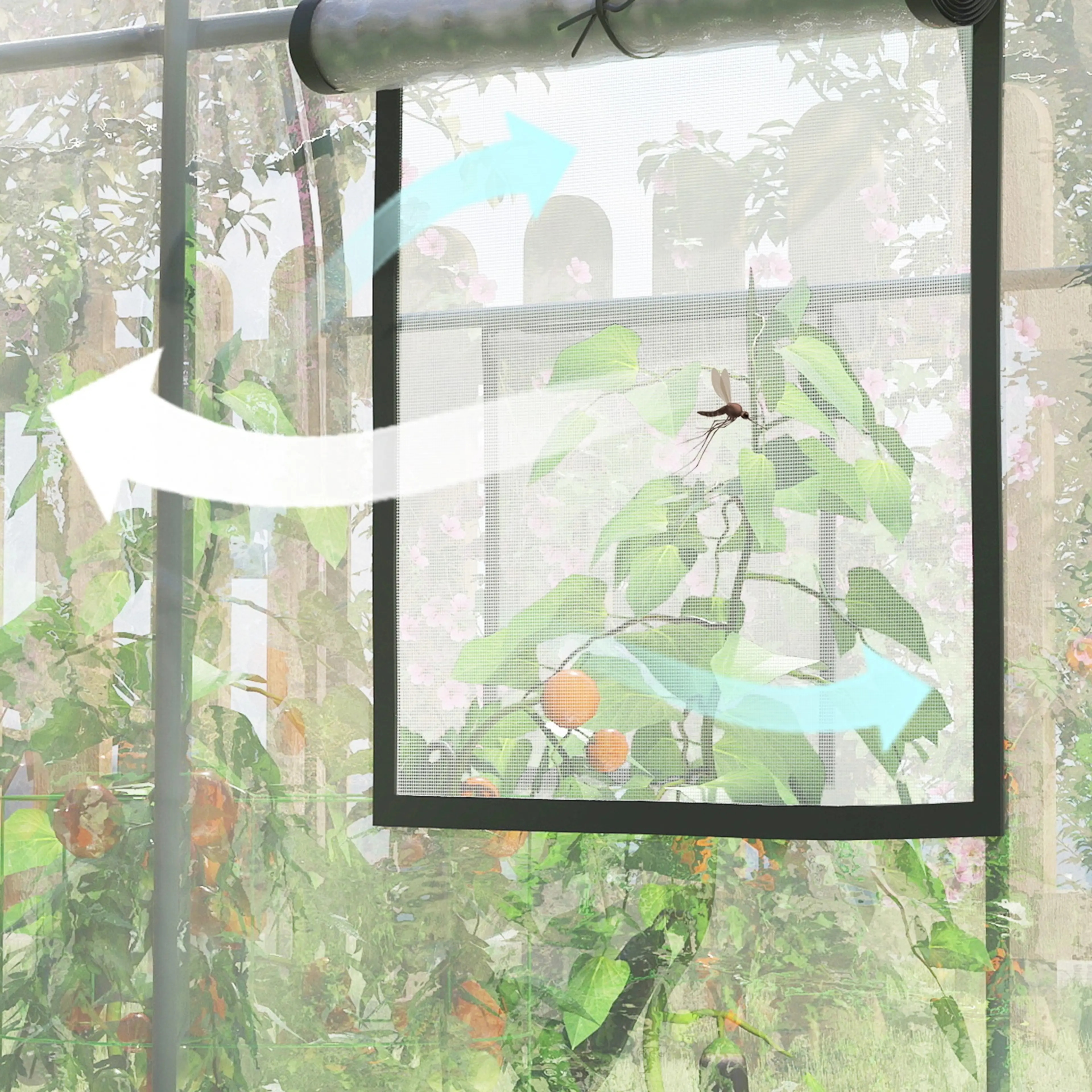 Nätfönster i tunnelväxthuset som släpper ut varm luft och stänger ute insekter