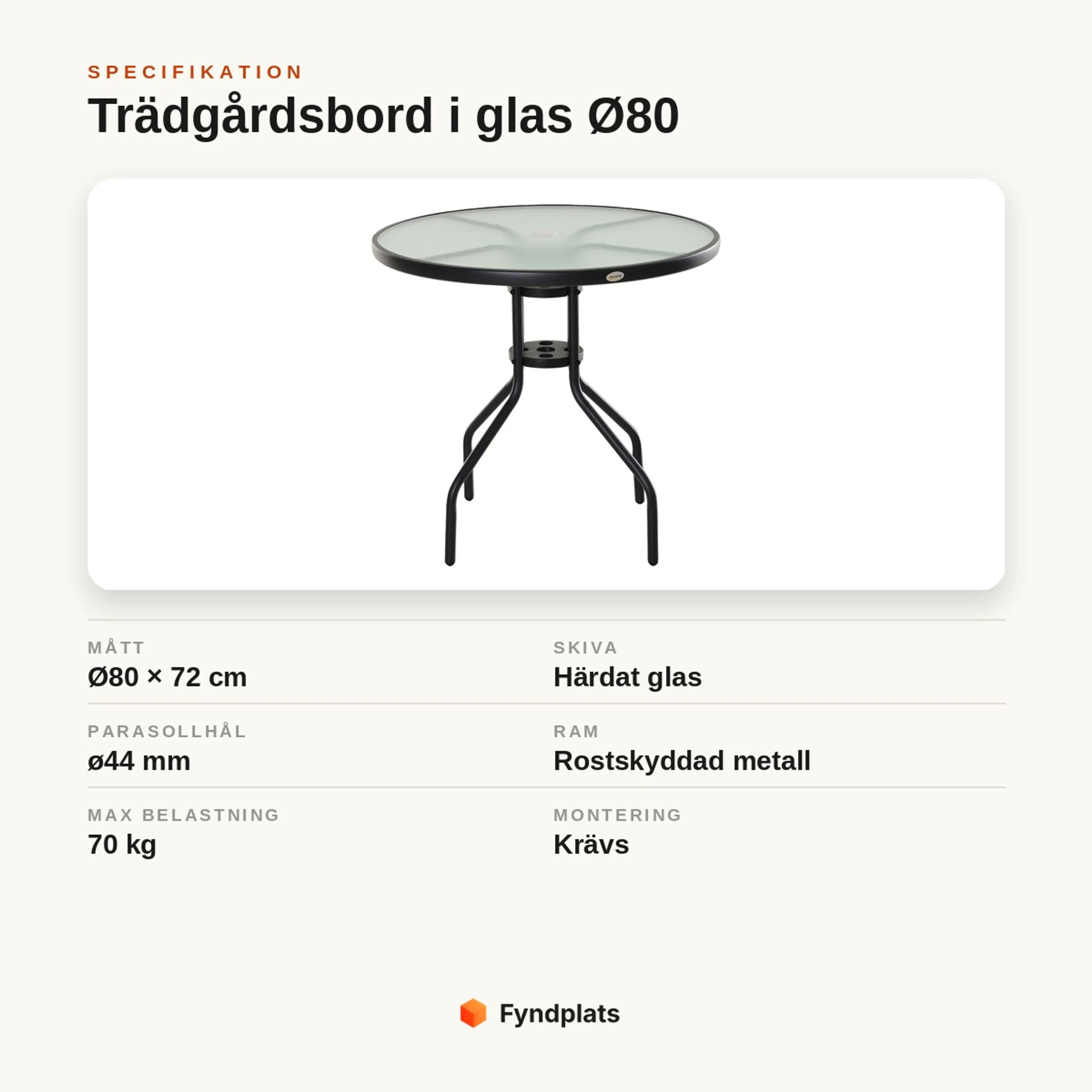 Specifikationskort: trädgårdsbord i glas Ø80 × 72 cm i härdat glas och rostskyddad metall, parasollhål ø44 mm, max 70 kg