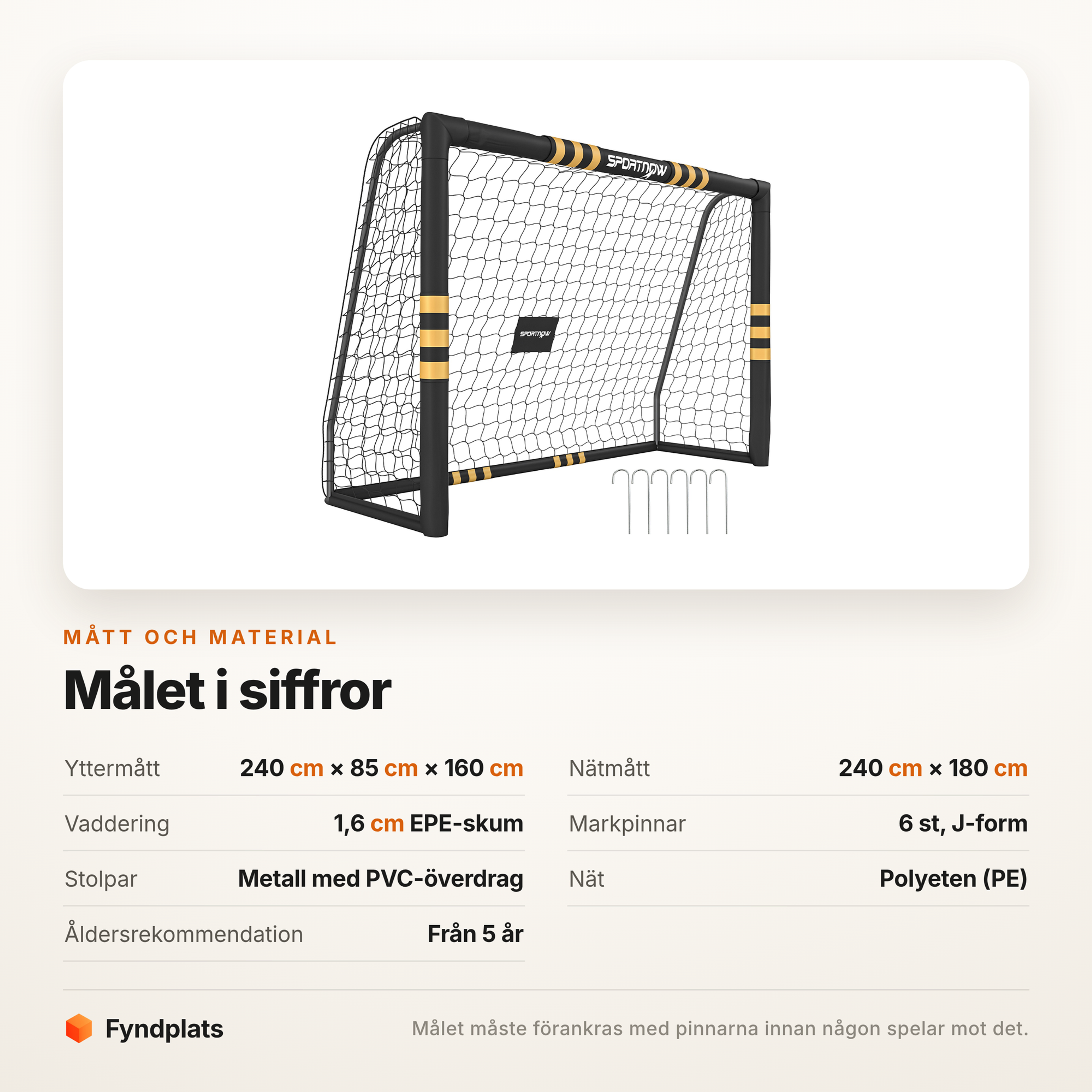 Specifikationstabell för fotbollsmålet: mått, vaddering, nät och markpinnar
