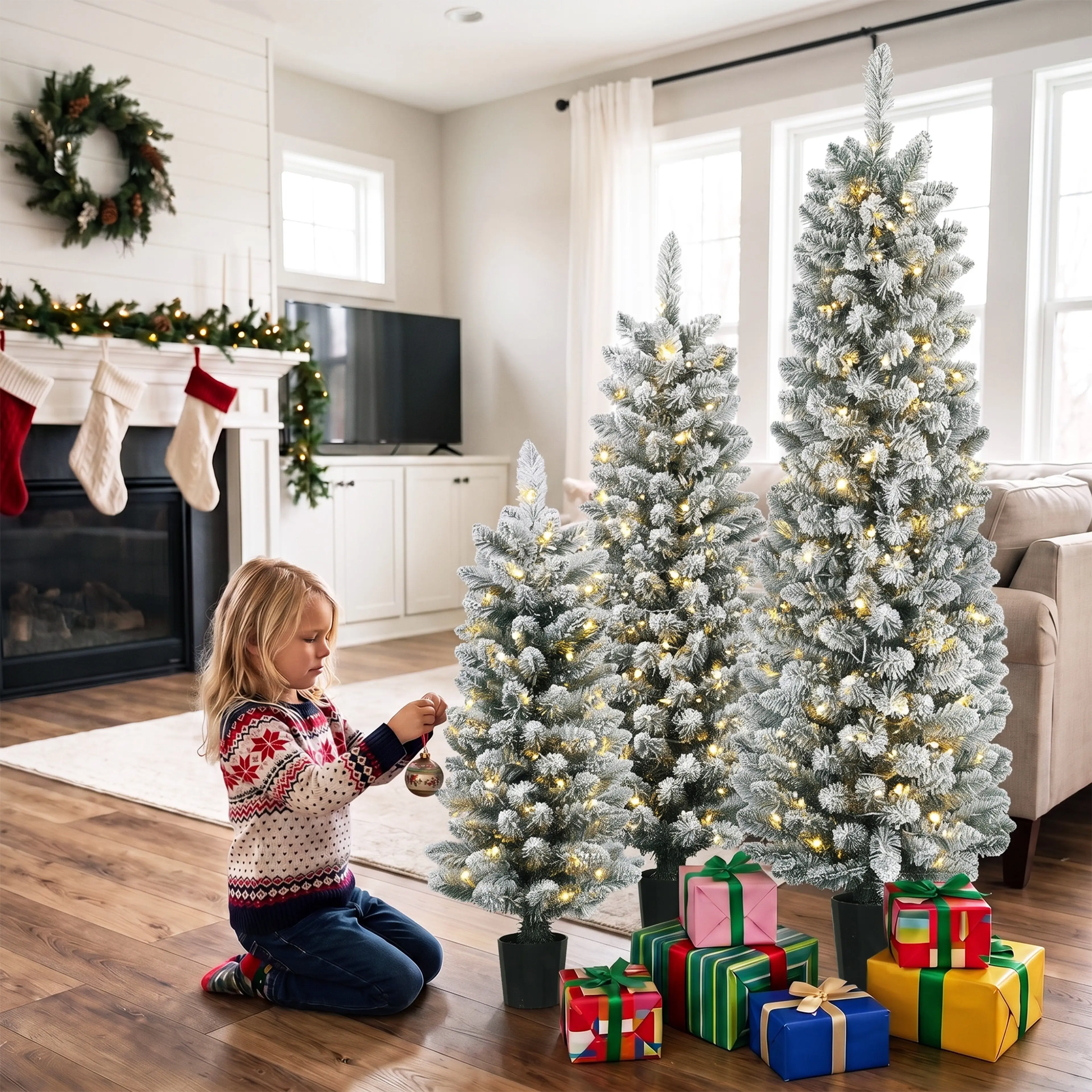 Ett barn hänger en julgranskula på den minsta granen i ett vardagsrum