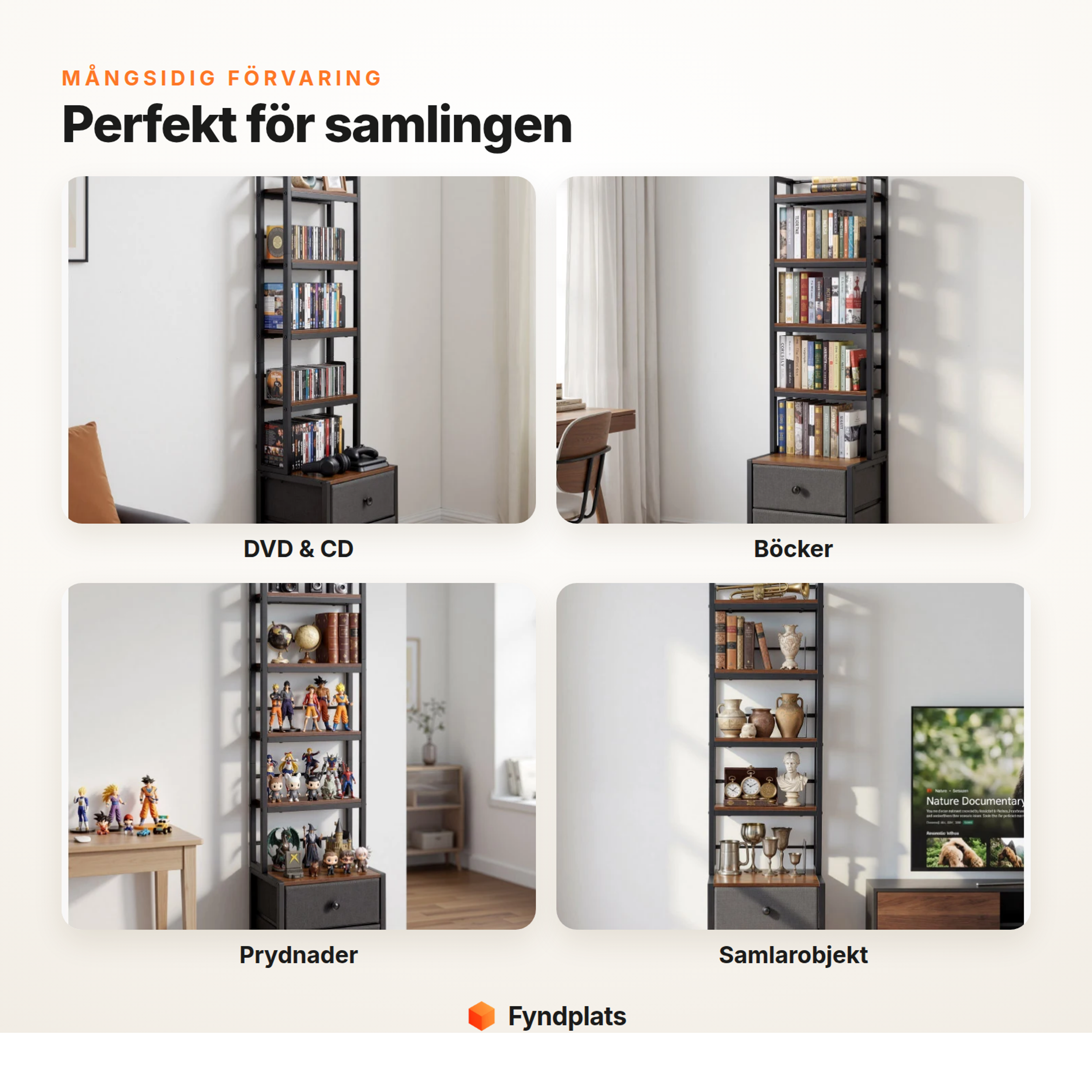 Mediahylla för DVD, CD & böcker – torn, skåp & bredhylla i flera färger