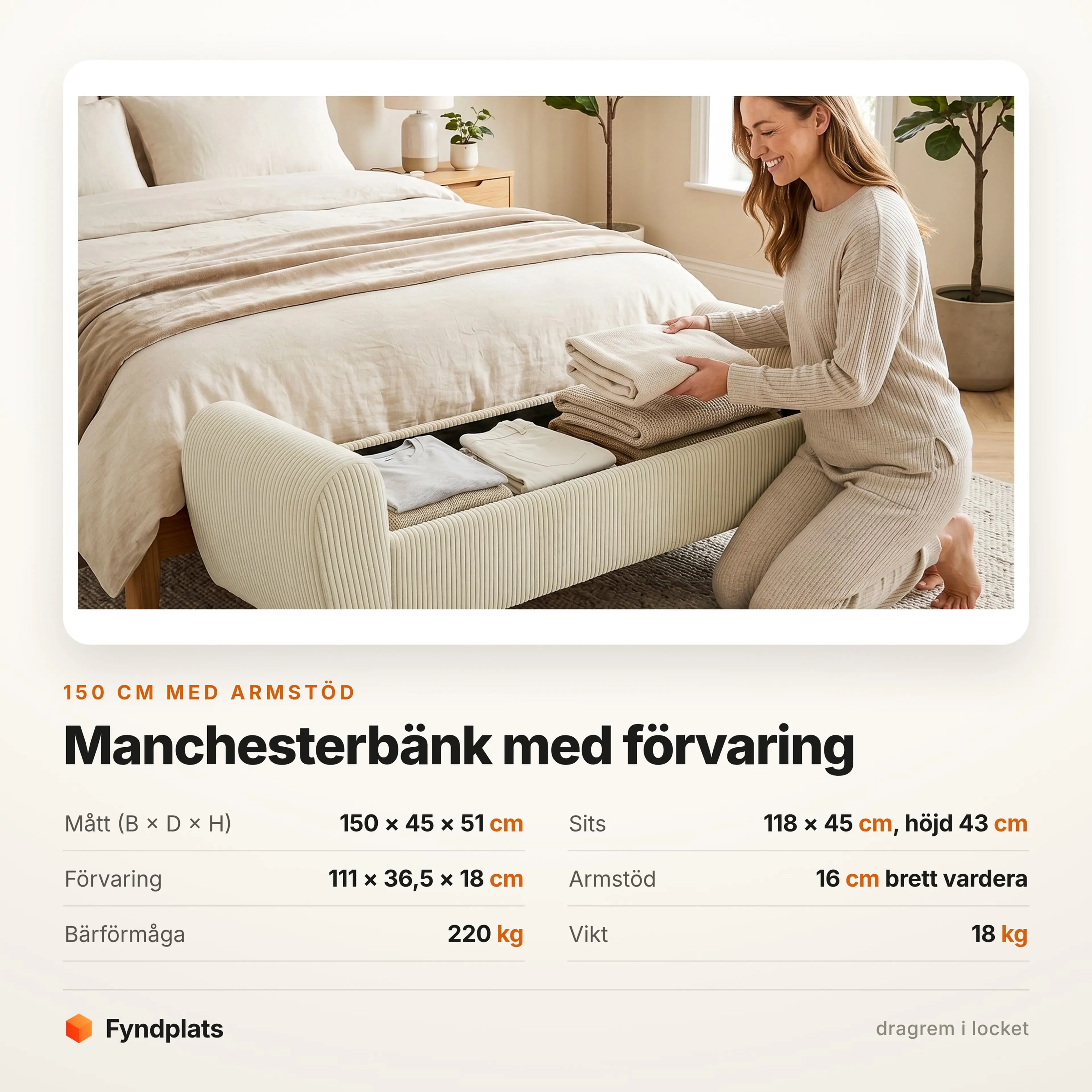 Manchesterbänk 150 cm med armstöd och förvaring – bild 3