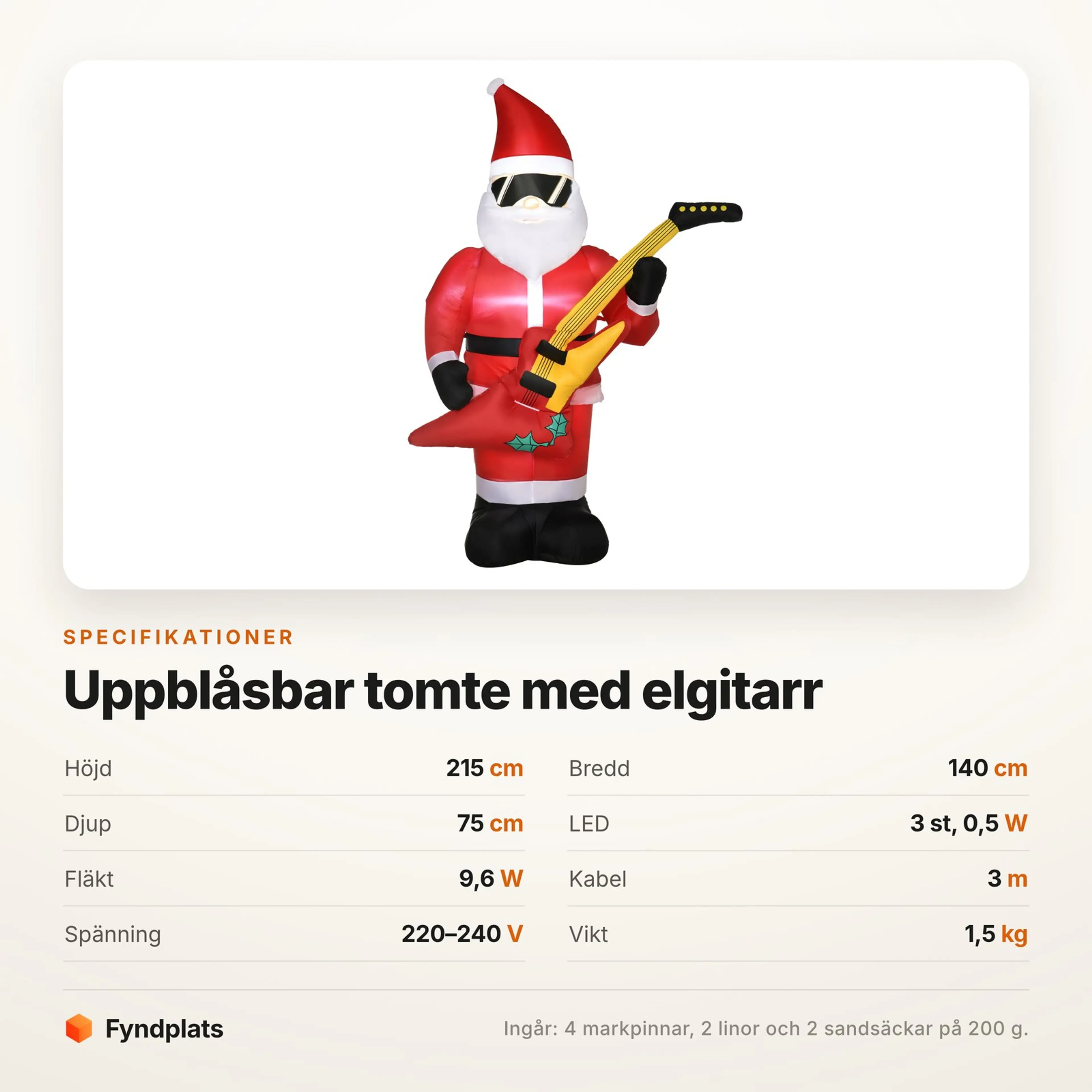 Specifikationskort för uppblåsbar jultomte med elgitarr: 215 cm hög, 140 cm bred och 3 lysdioder