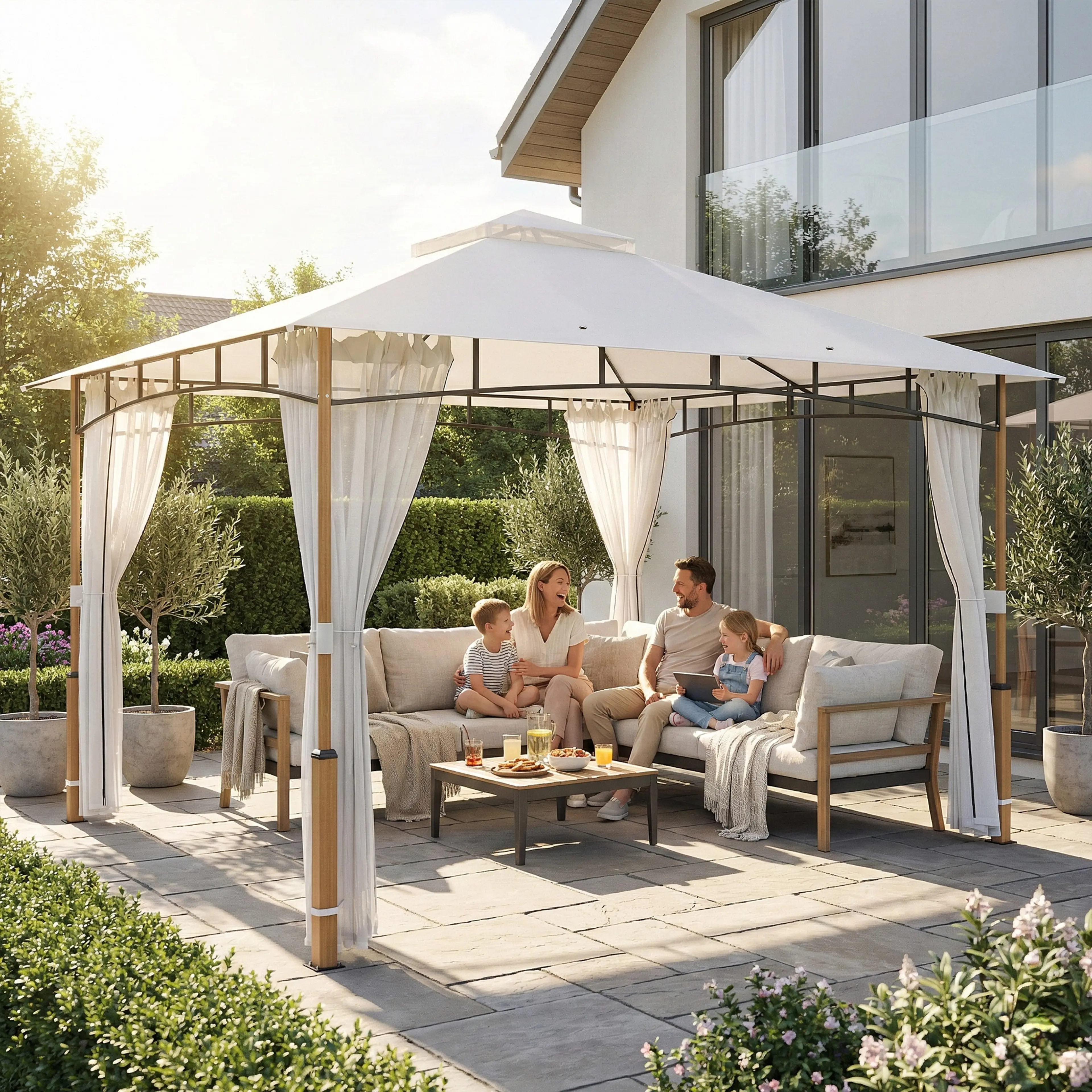 En familj sitter i loungemöbler under paviljongen på en stenlagd uteplats