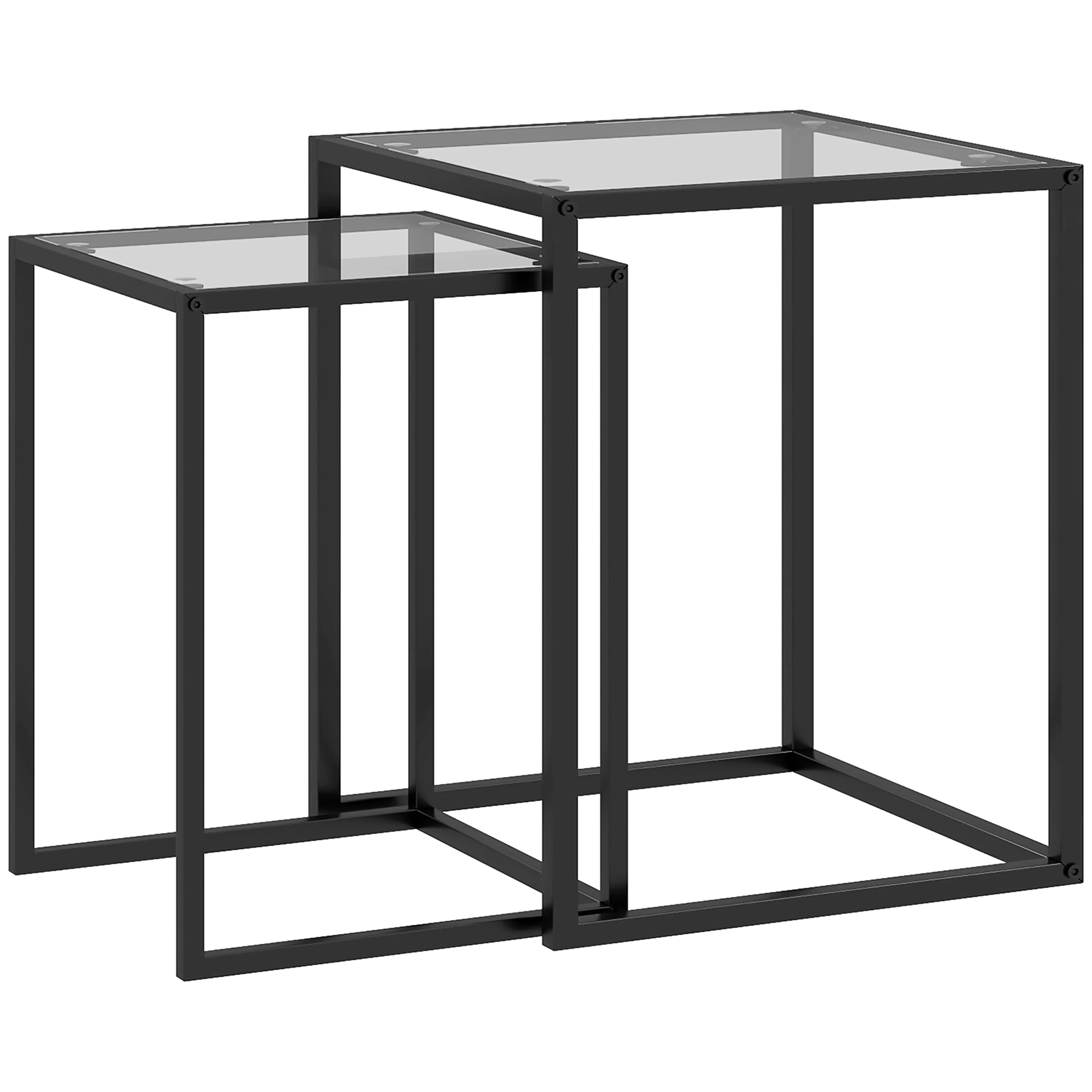 Två sidobord med glasskiva och svart stålram, det lilla inskjutet under det stora, på vit bakgrund