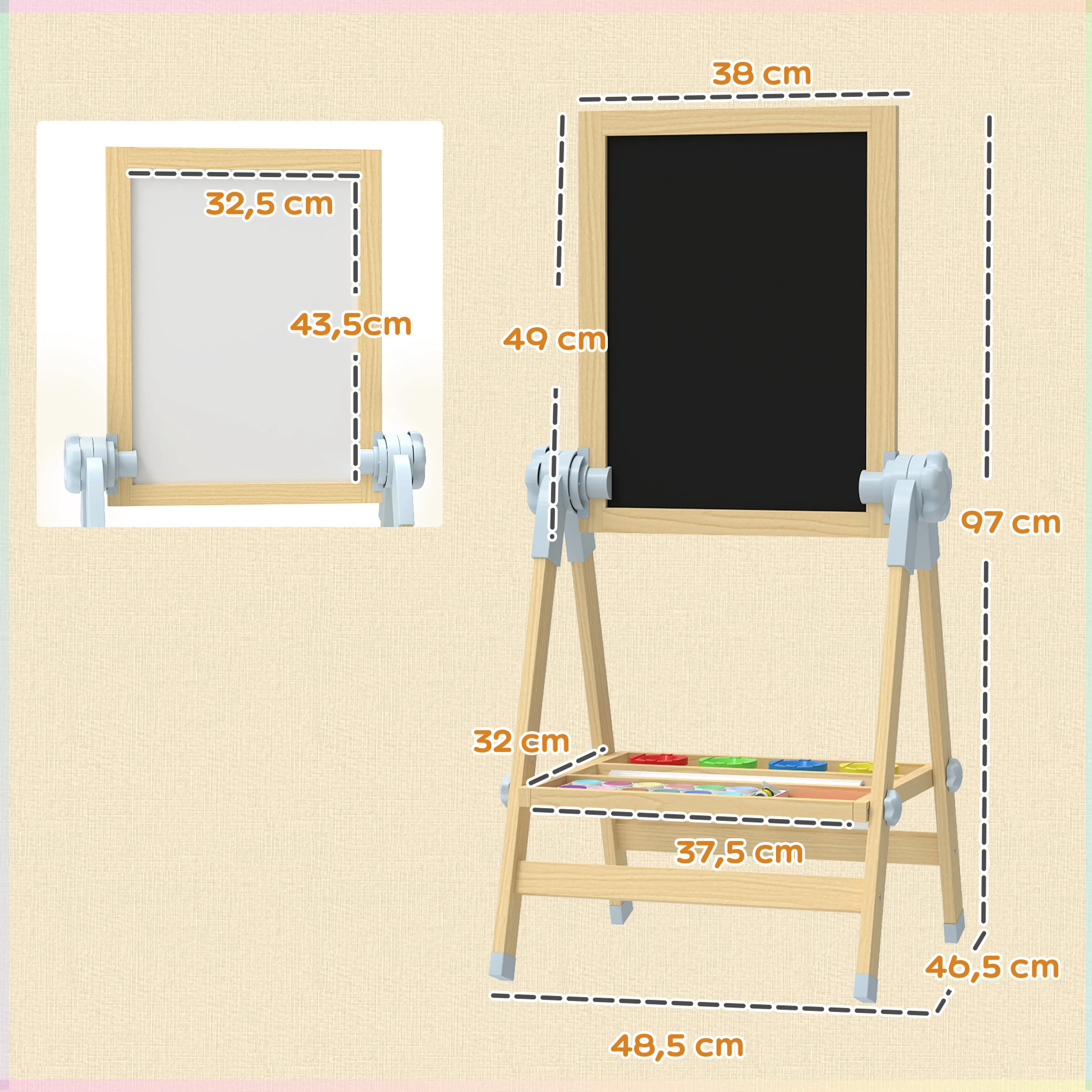 Måttbild som visar staffliet 48,5 × 46,5 × 97 cm och ritytan 32,5 × 43,5 cm