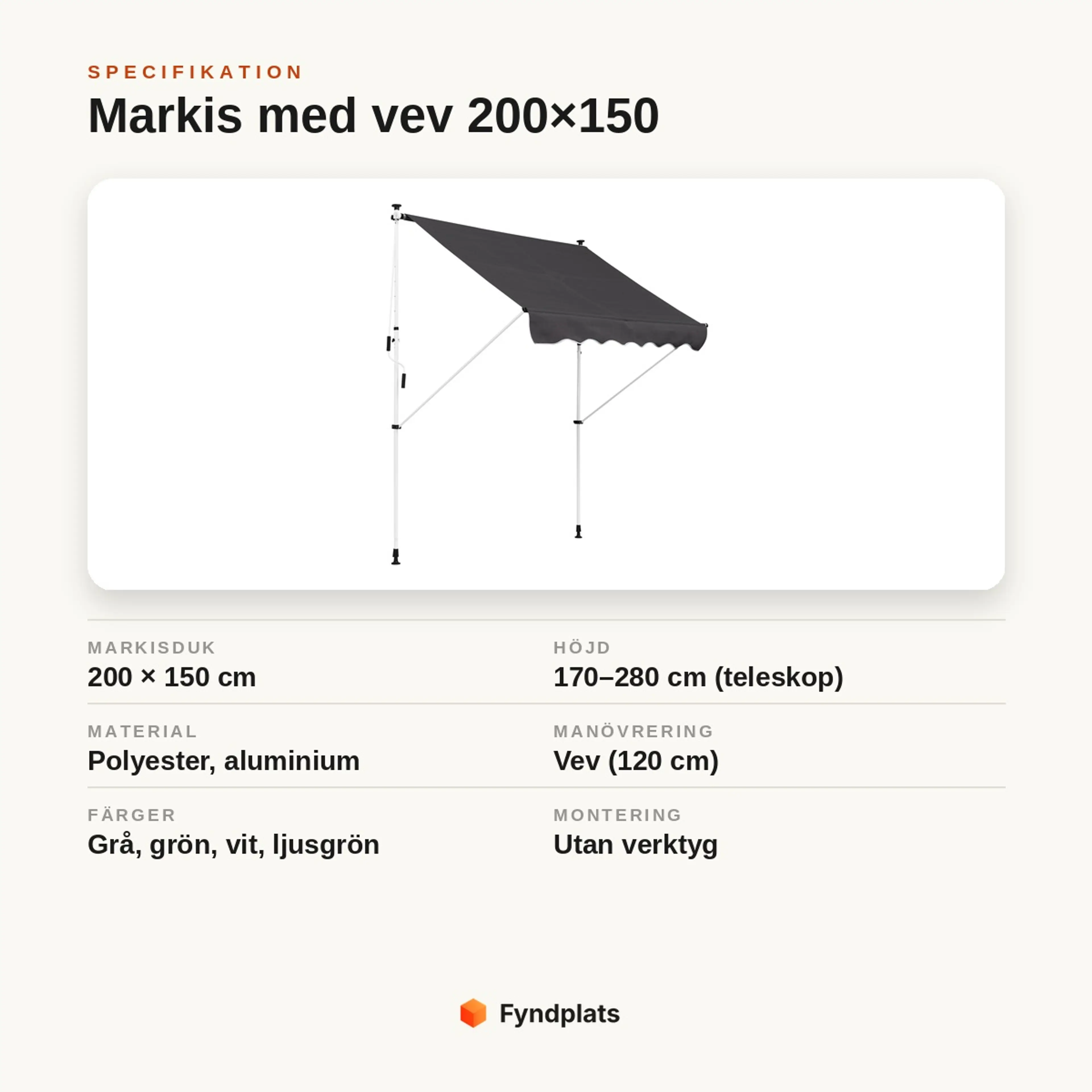 Specifikationskort: markis 200 × 150 cm, teleskophöjd 170–280 cm, polyester och aluminium