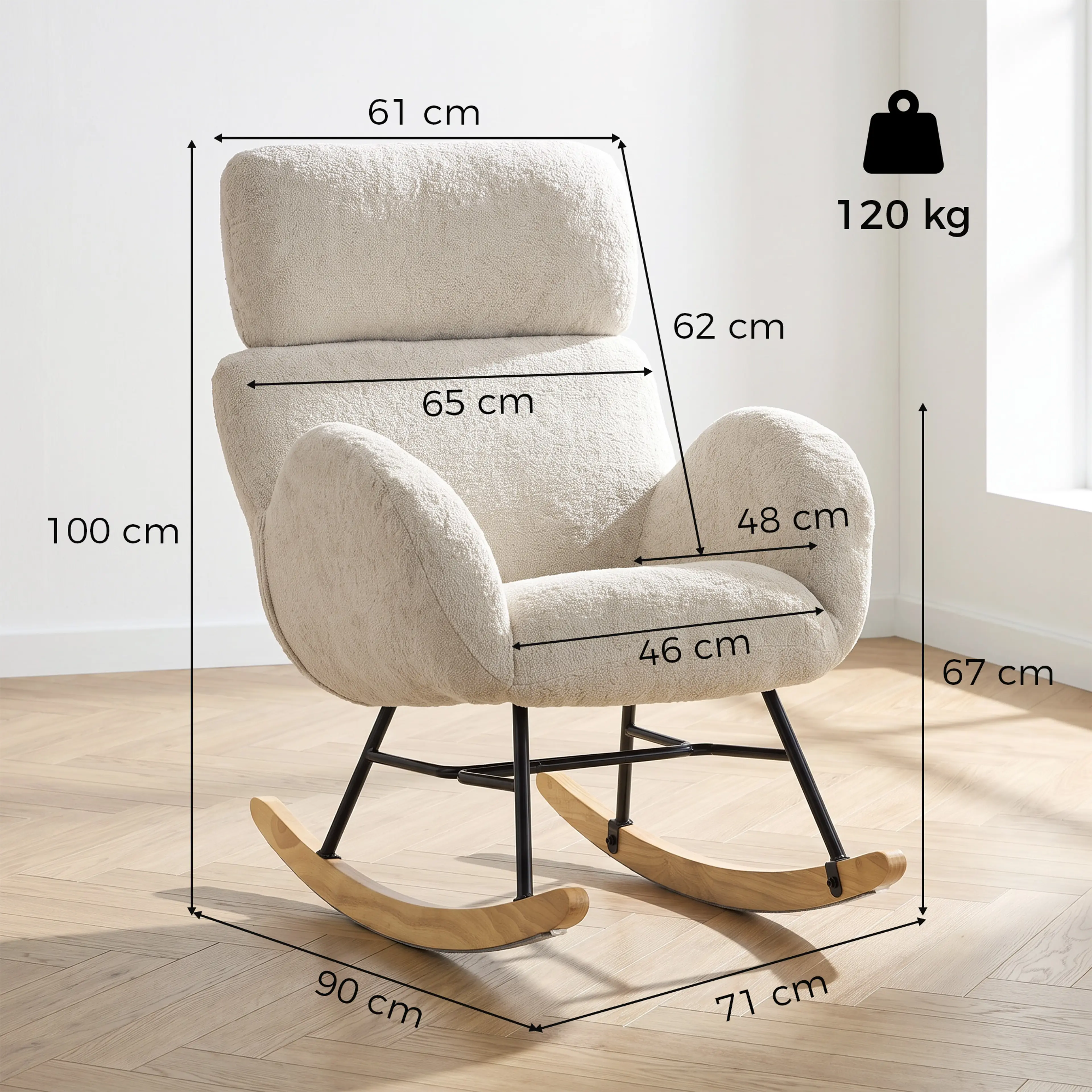 Måttbild: gungstolen är 71 cm bred, 90 cm djup och 100 cm hög