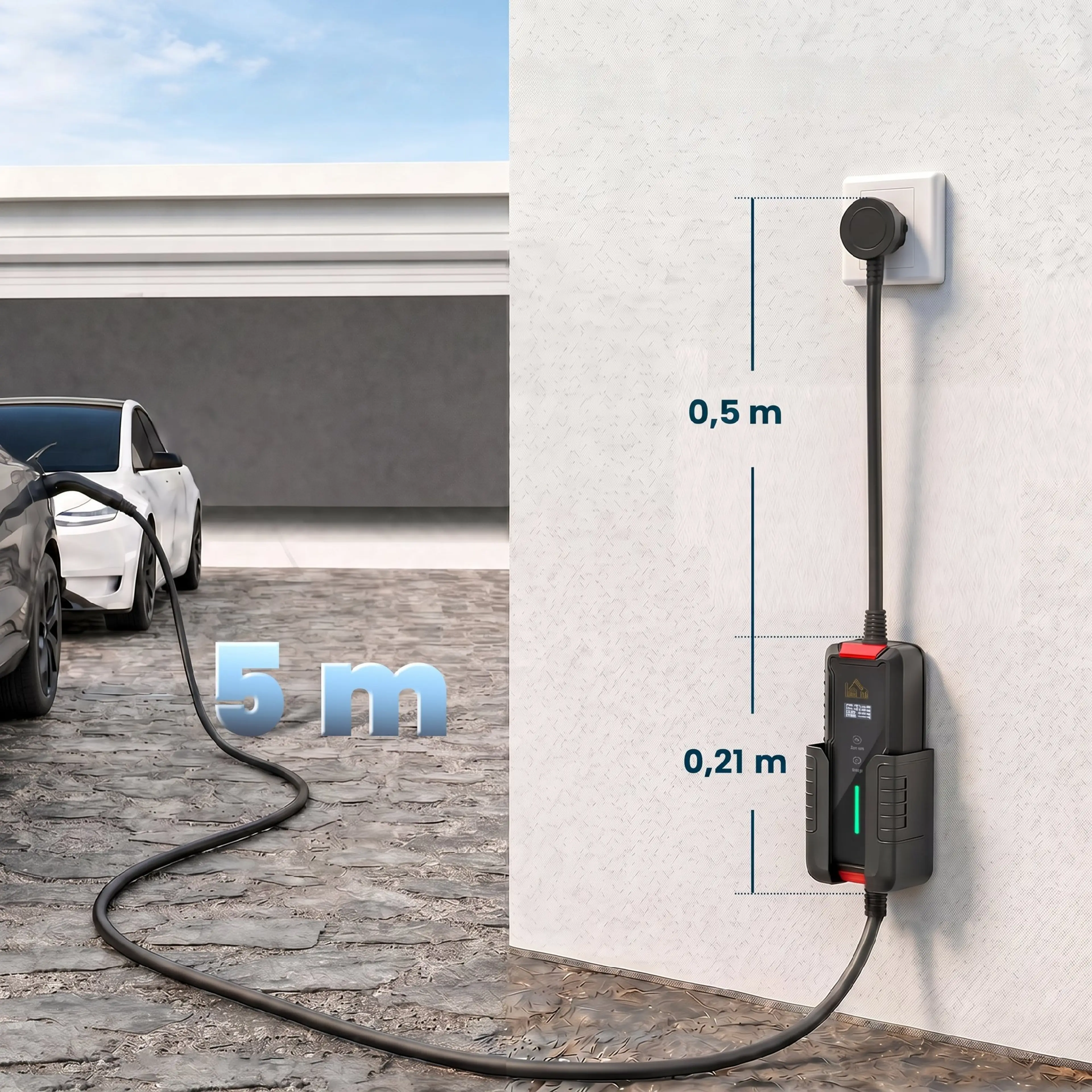 Elbilsladdarens 5 meter långa kabel når bilen på uppfarten – väggfäste monterat 0,5 m under uttaget
