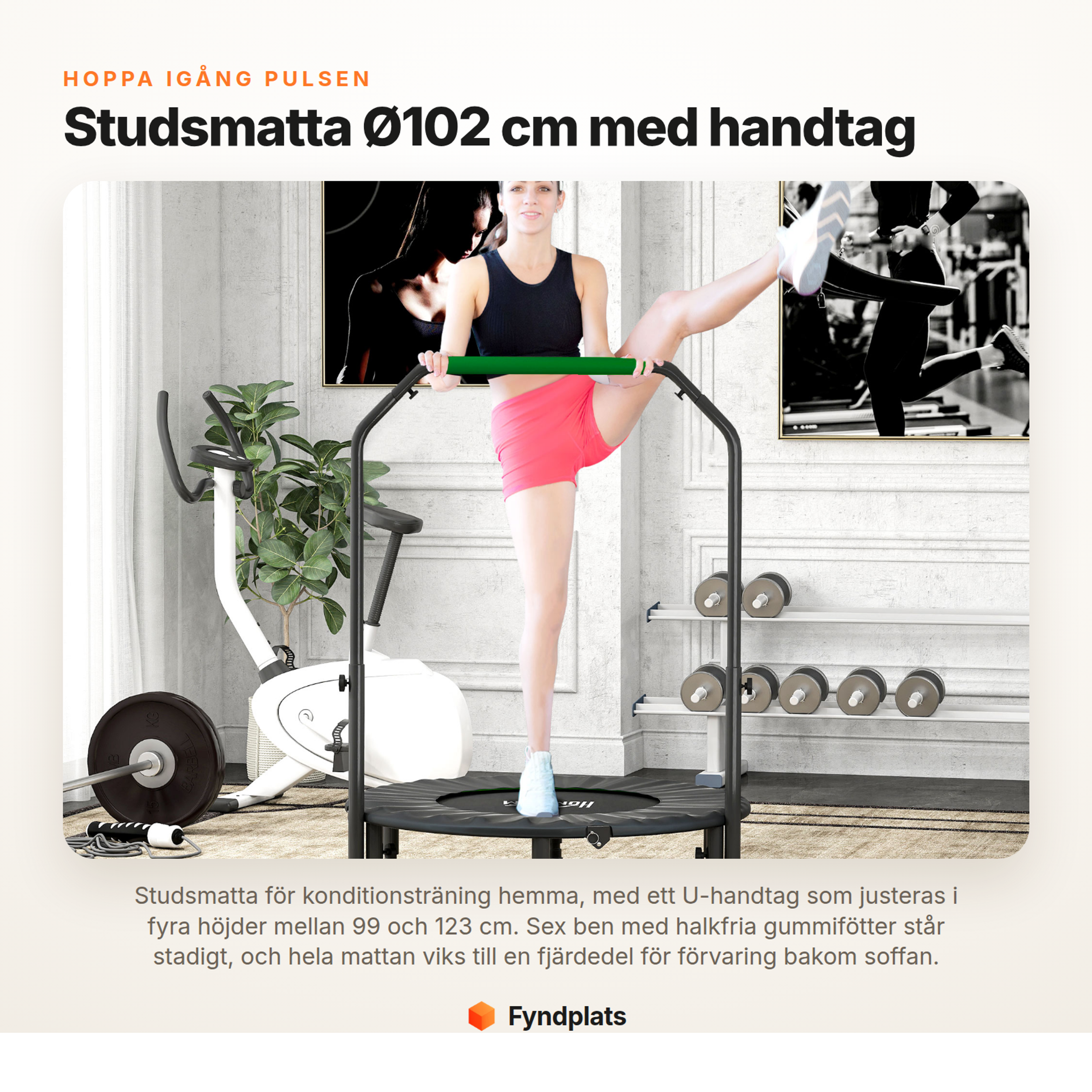 Fyndplats – studsmatta Ø102 cm med handtag justerbart i fyra höjder, hopfällbar för förvaring