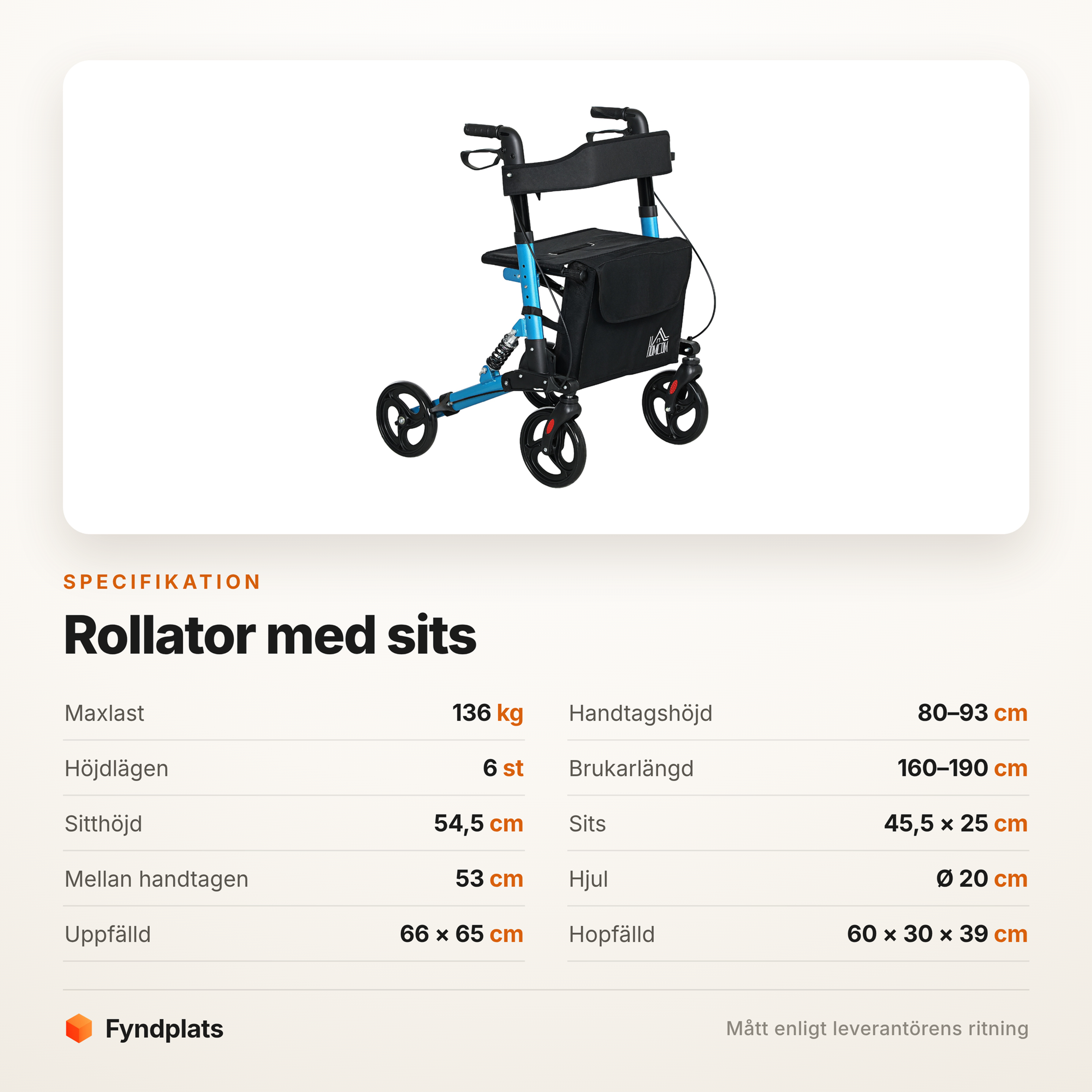 Specifikation: maxlast 136 kg, sitthöjd 54,5 cm, hjul 20 cm och sex höjdlägen