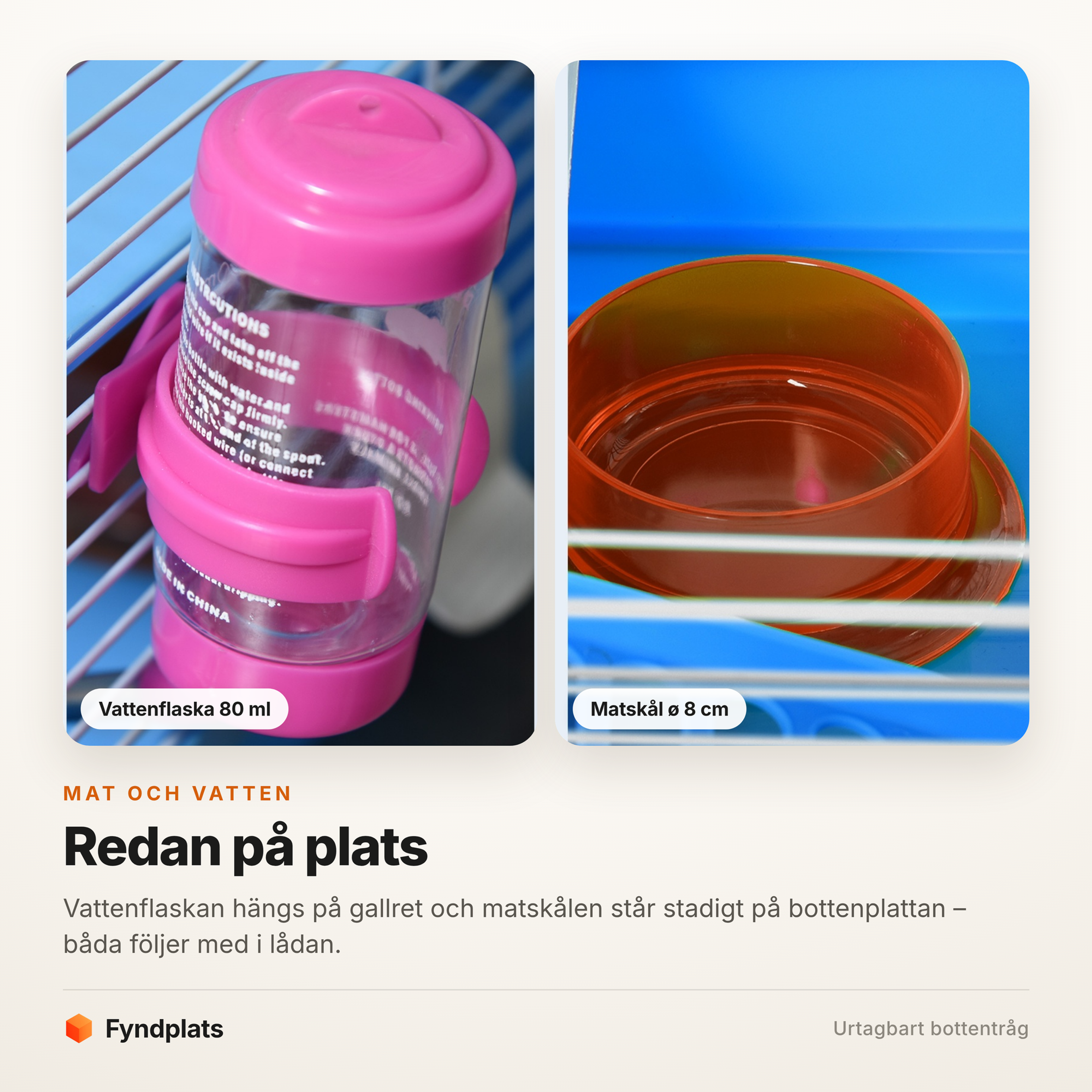Fyndplats-kort med närbild på vattenflaskan på 80 ml och matskålen på 8 cm