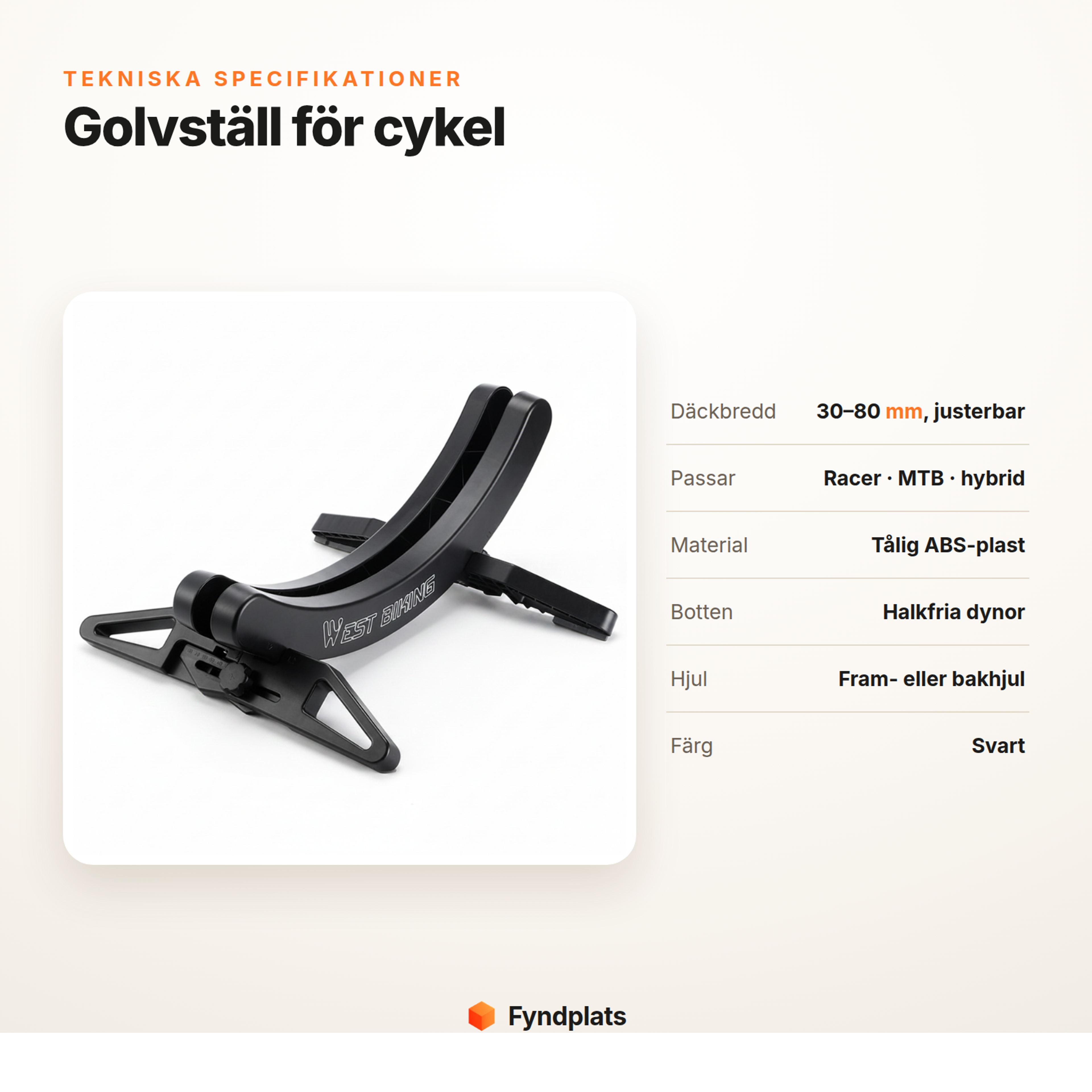 Fyndplats-kort: tekniska specifikationer för golvställ till cykel