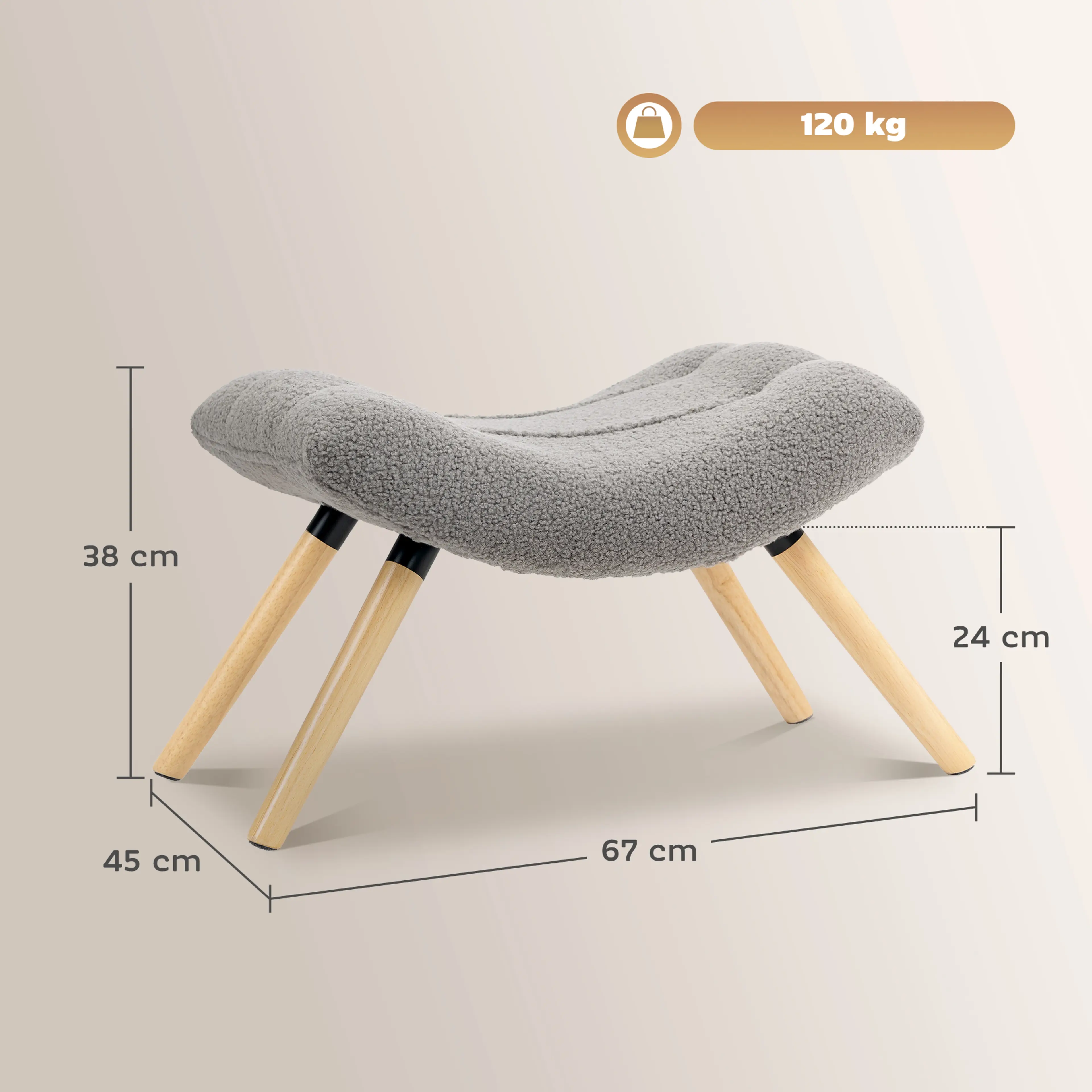 Måttbild: fotpallen är 67 × 45 × 38 cm med 24 cm höga ben och bär 120 kg