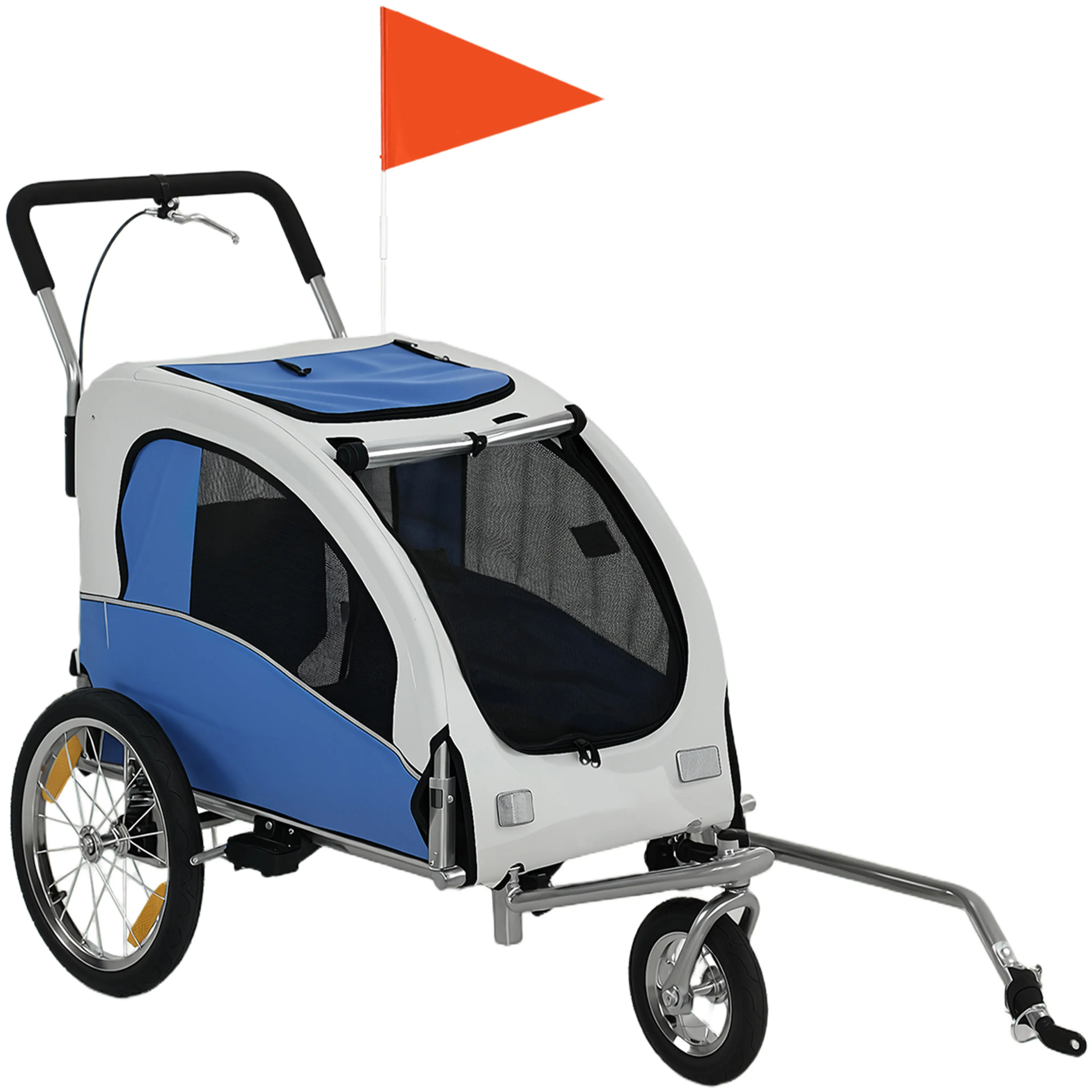 Cykelvagn för hund i blått och vitt med stora hjul, dragstång och orange säkerhetsflagga, på vit bakgrund