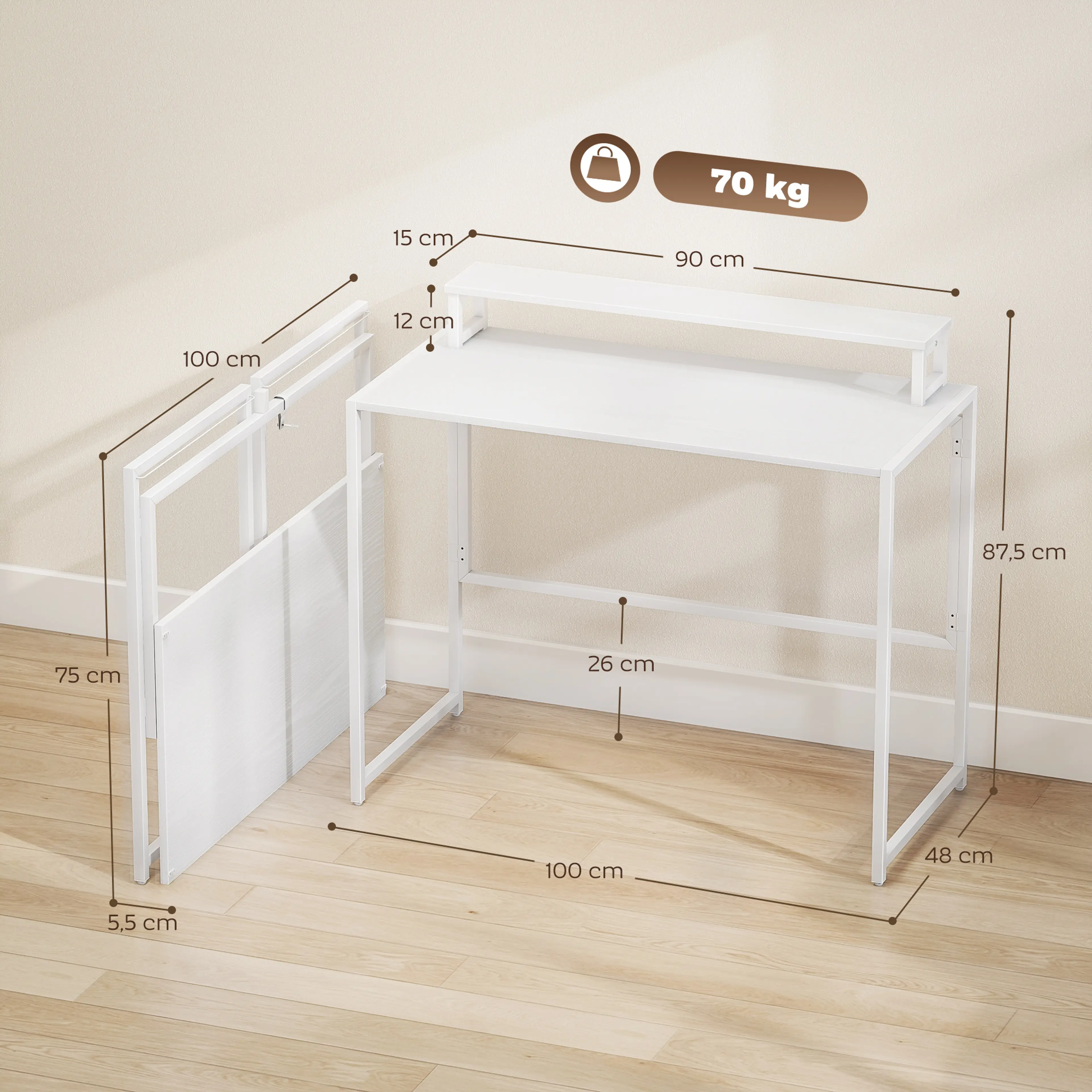 Måttbild: skrivbordet är 100 × 48 × 87,5 cm och hopfällt 100 × 75 × 5,5 cm, och det bär 70 kg
