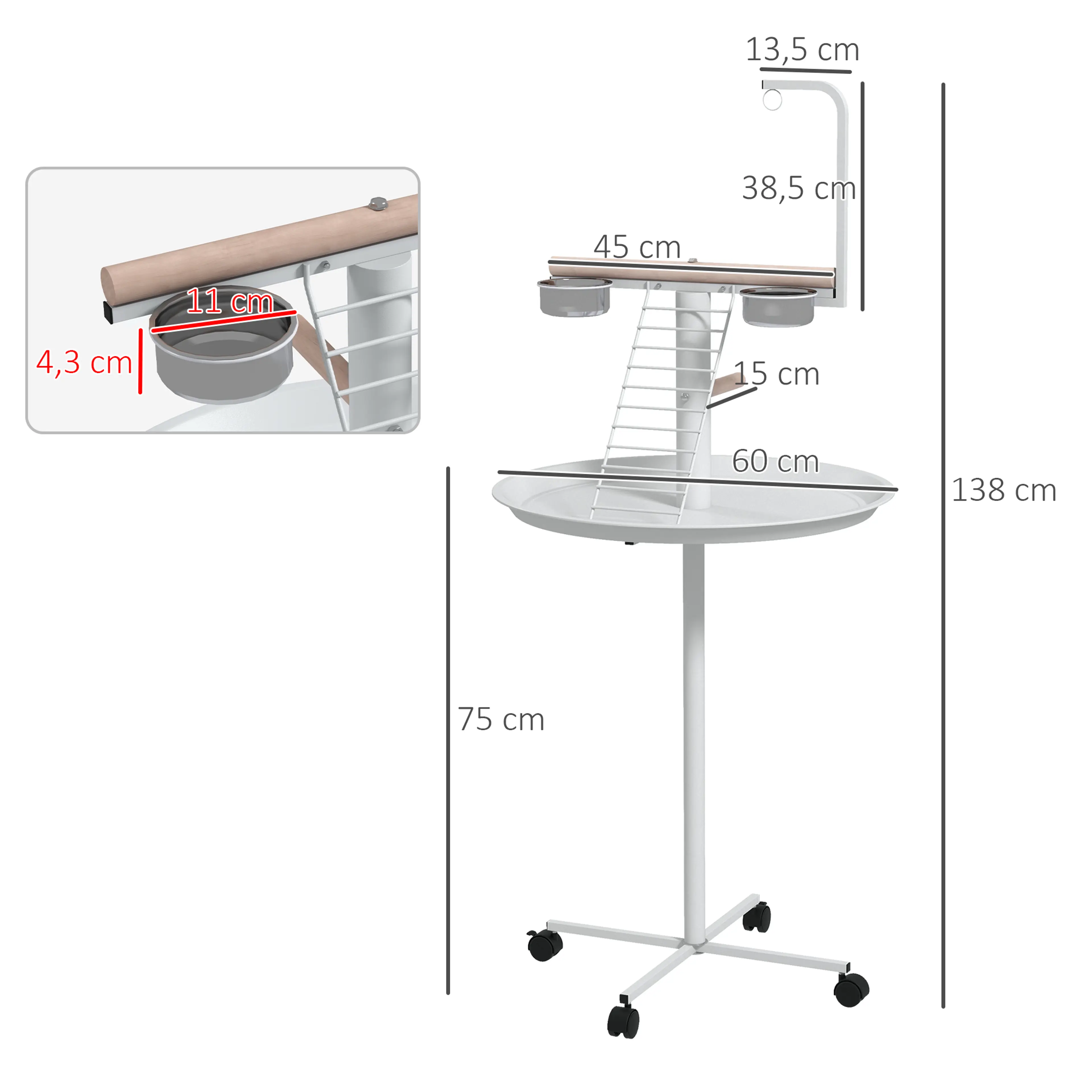 Måttbild på fågelstället, 138 cm högt med brickan på Ø60 cm 75 cm över golvet