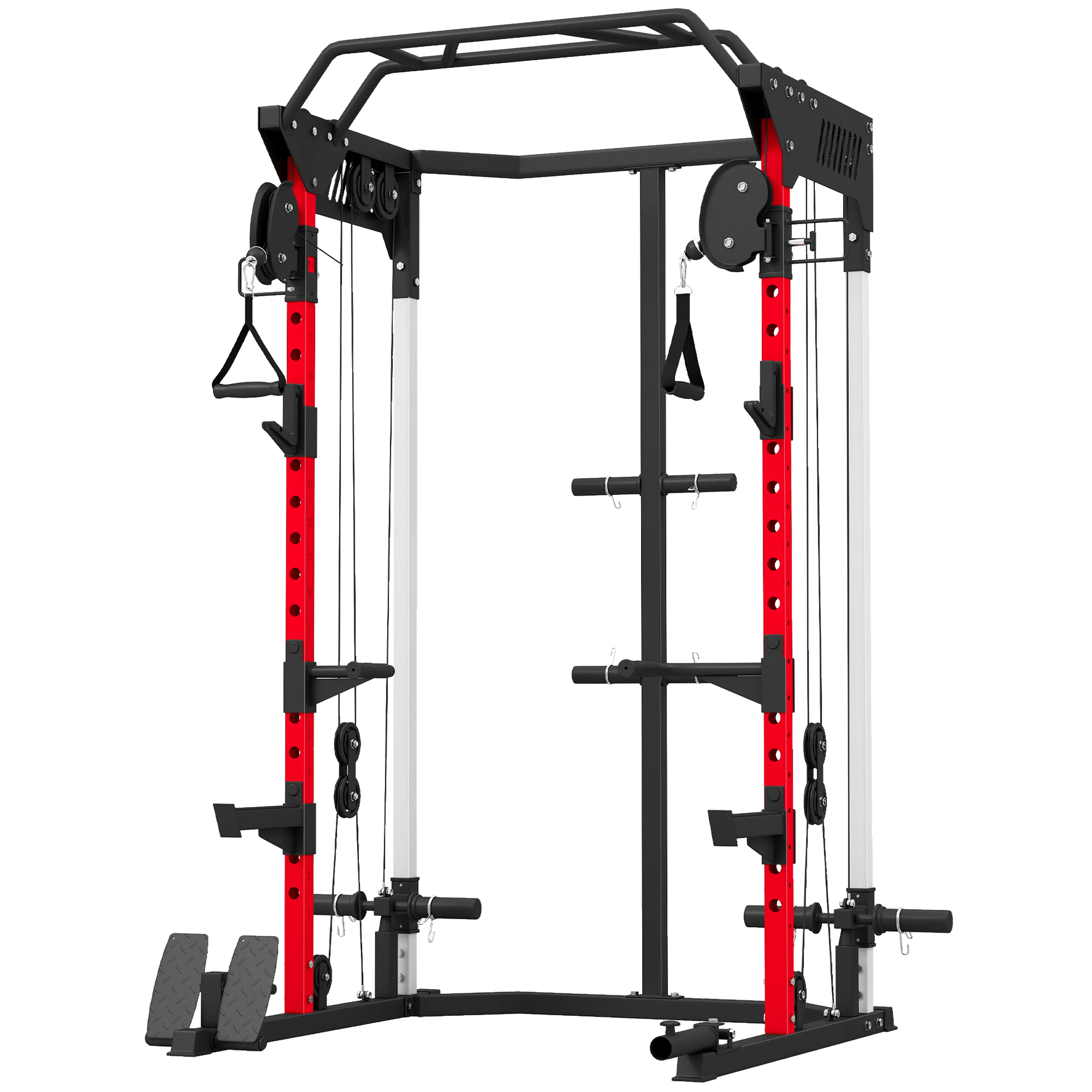 Smithmaskin och power rack i svart och rött med två kabeltorn, på vit bakgrund