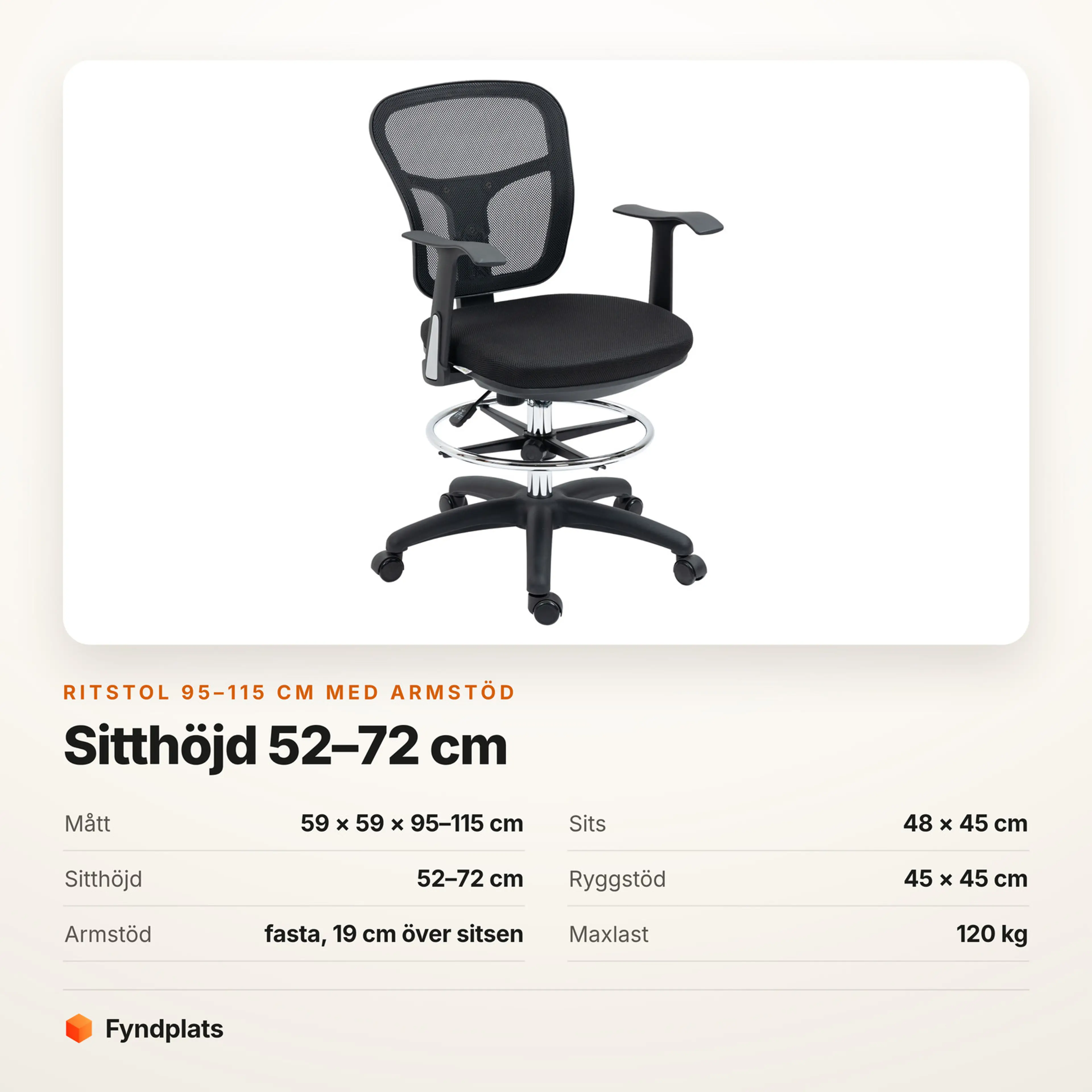 Ritstol med armstöd i svart nätväv – Faktakort med mått, sits, sitthöjd, ryggstöd, armstöd och maxlast