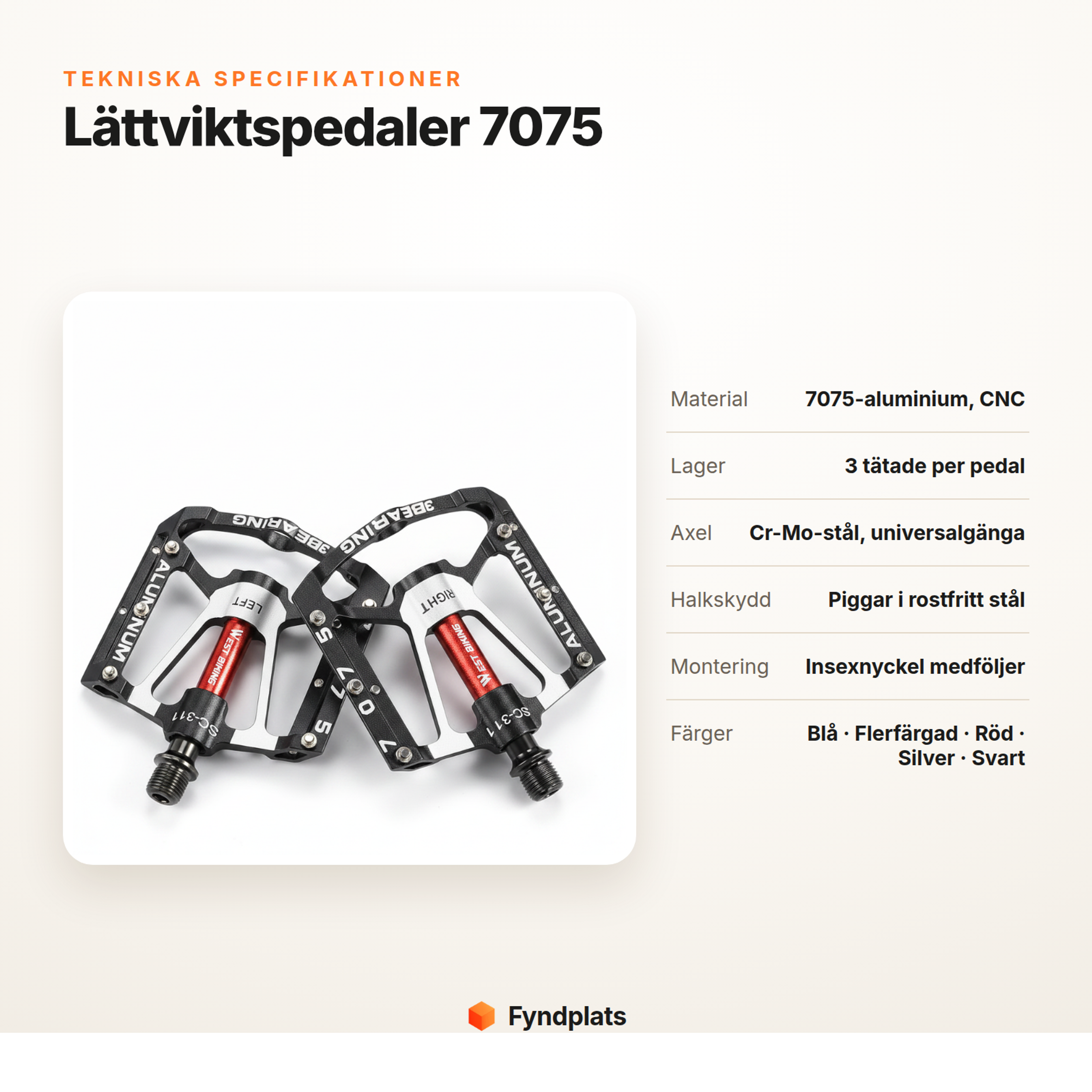 Fyndplats-kort: tekniska specifikationer för lättviktspedaler i 7075-aluminium
