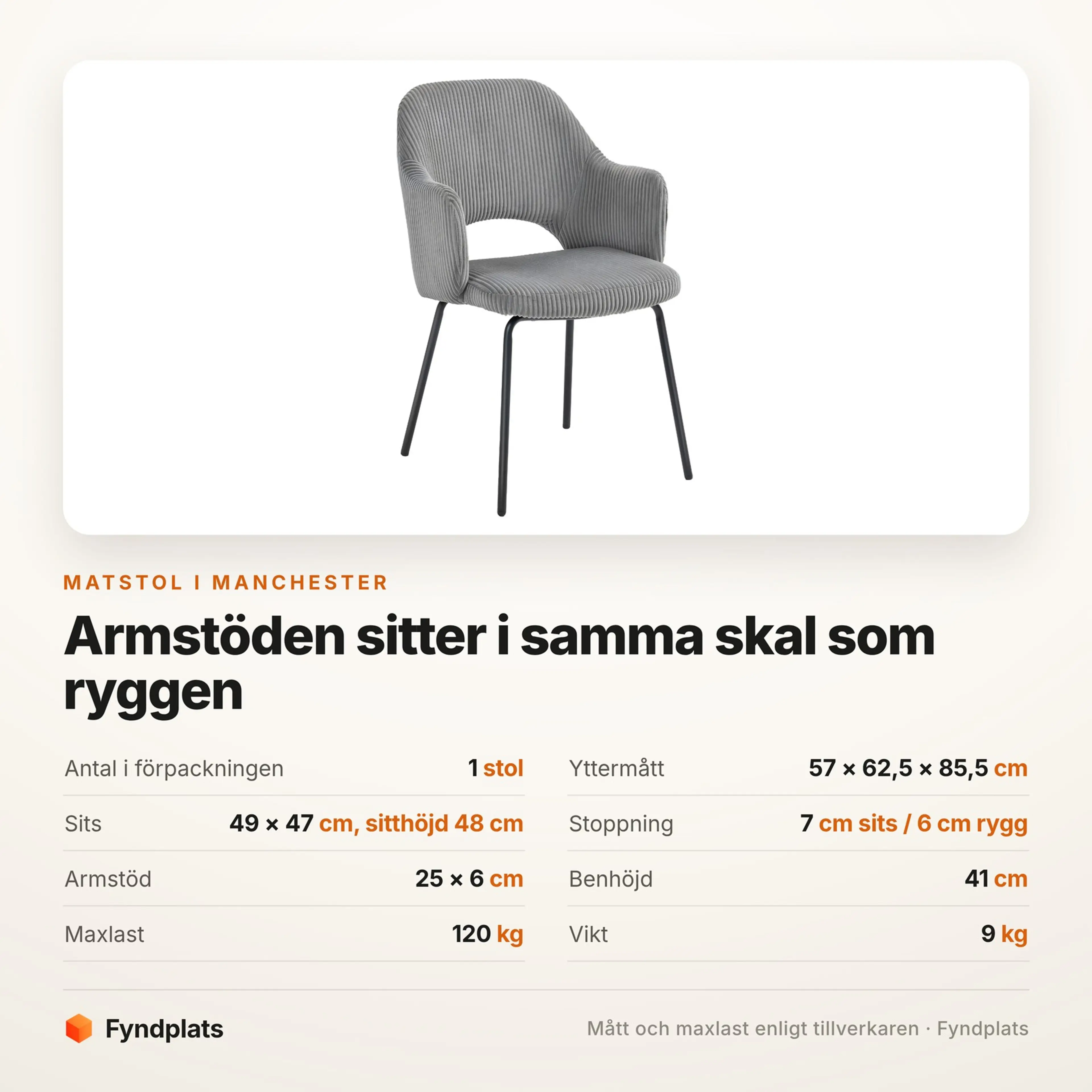 Spec-kort för matstolen: 1 i förpackningen, sitthöjd 48 cm och 120 kg maxlast