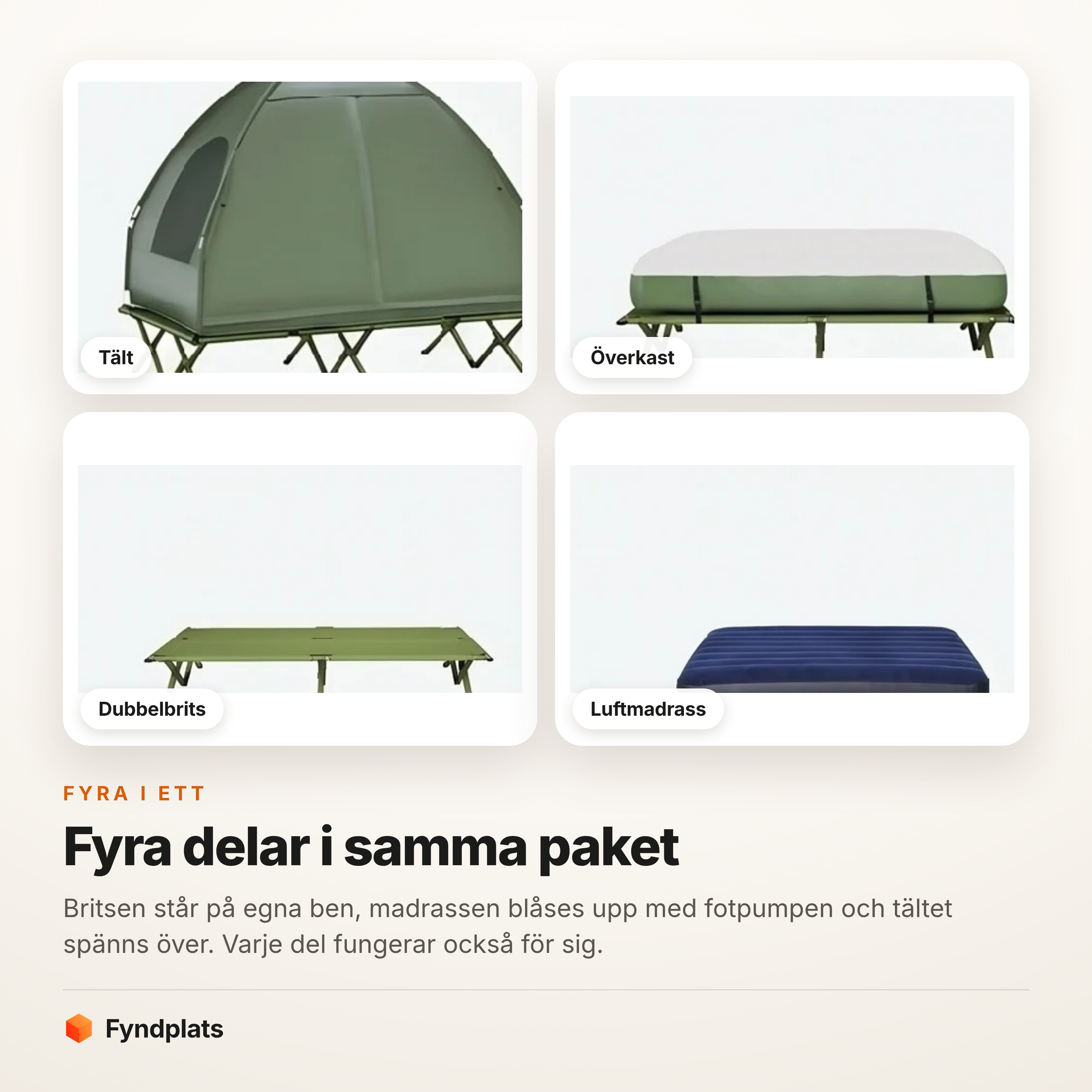Kort: tält, överkast, dubbelbrits och luftmadrass i samma paket