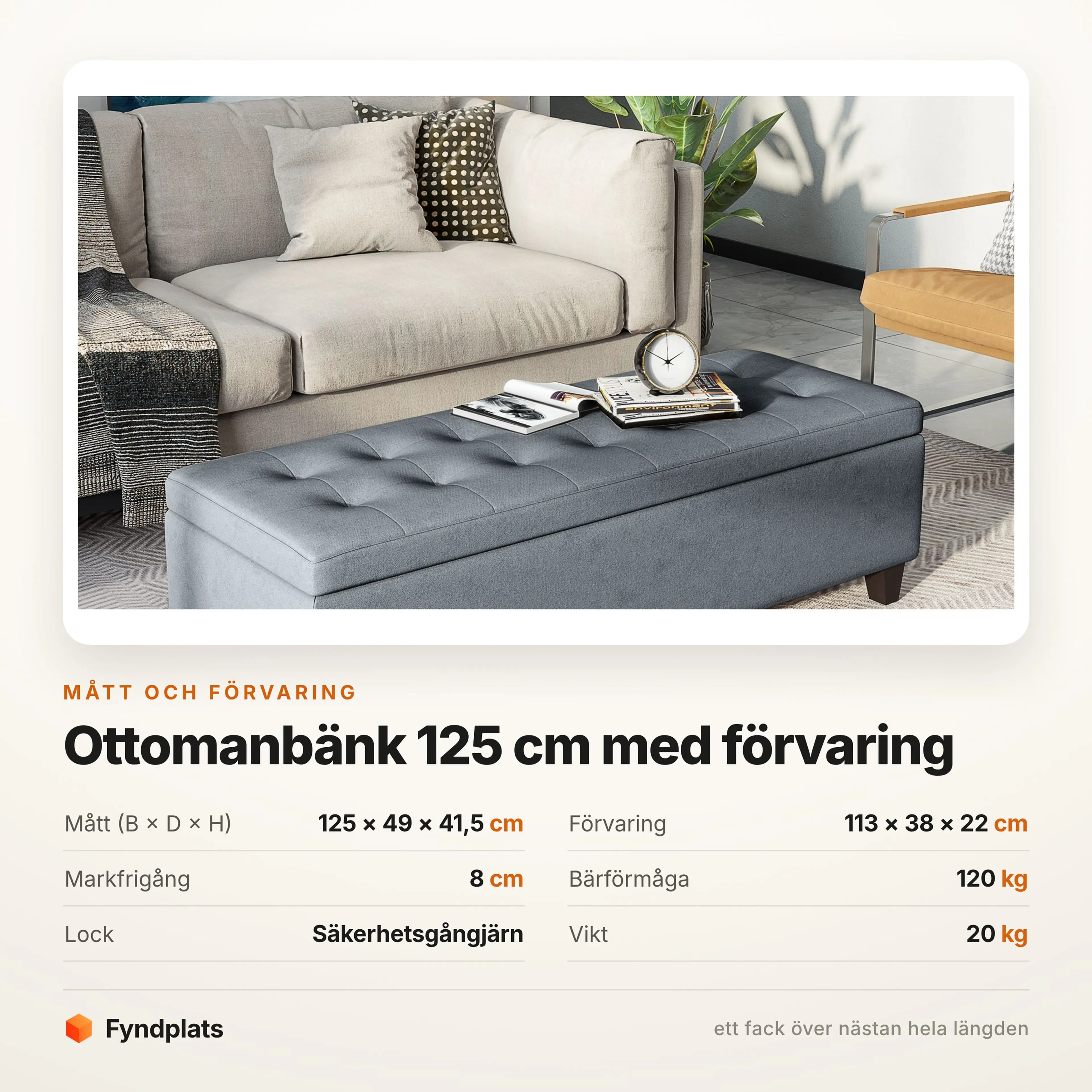 Ottomanbänk 125 cm med förvaring, grå – bild 3