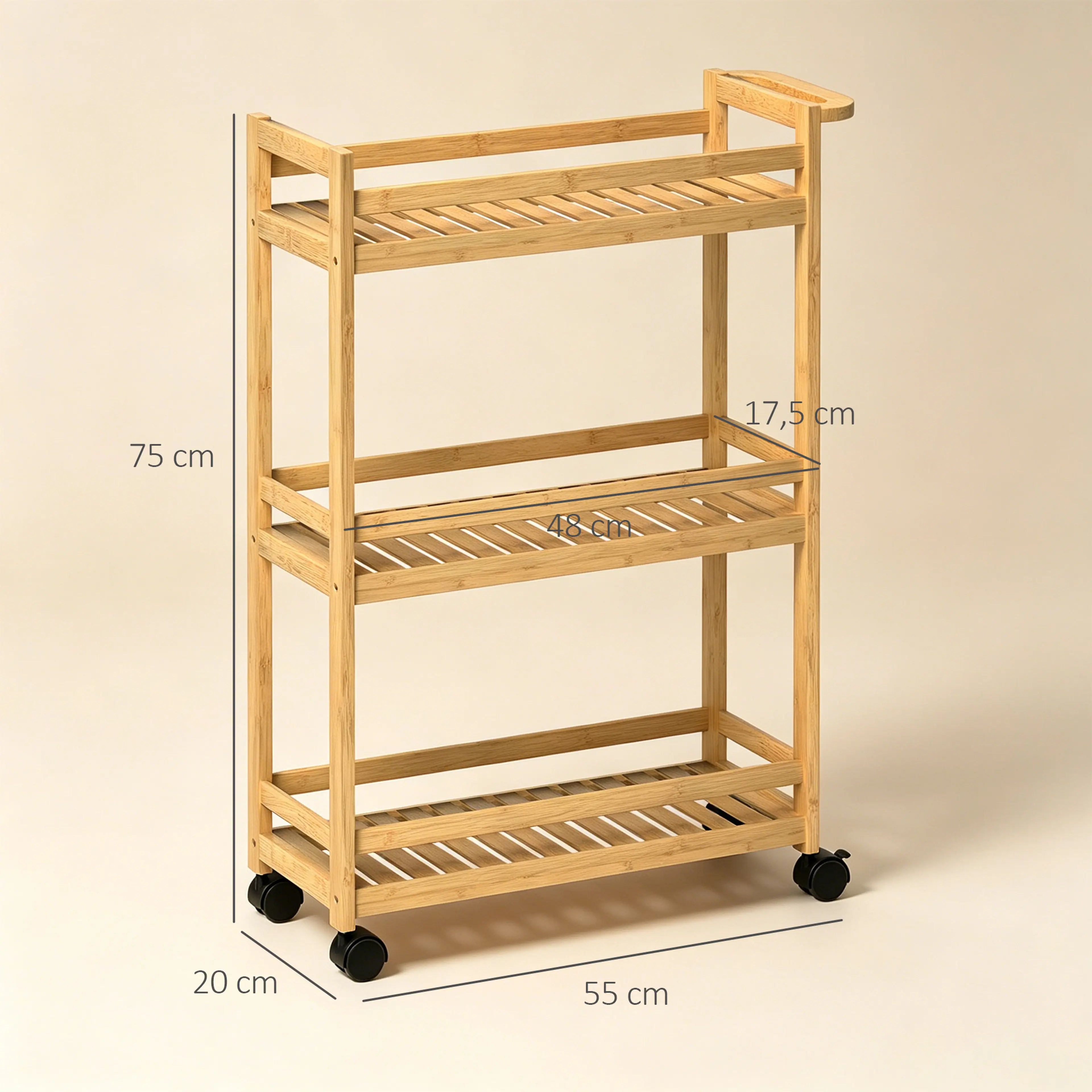 Måttskiss för rullvagn i bambu – 55 cm bred, 20 cm djup, 75 cm hög, hyllplan 48 x 17,5 cm