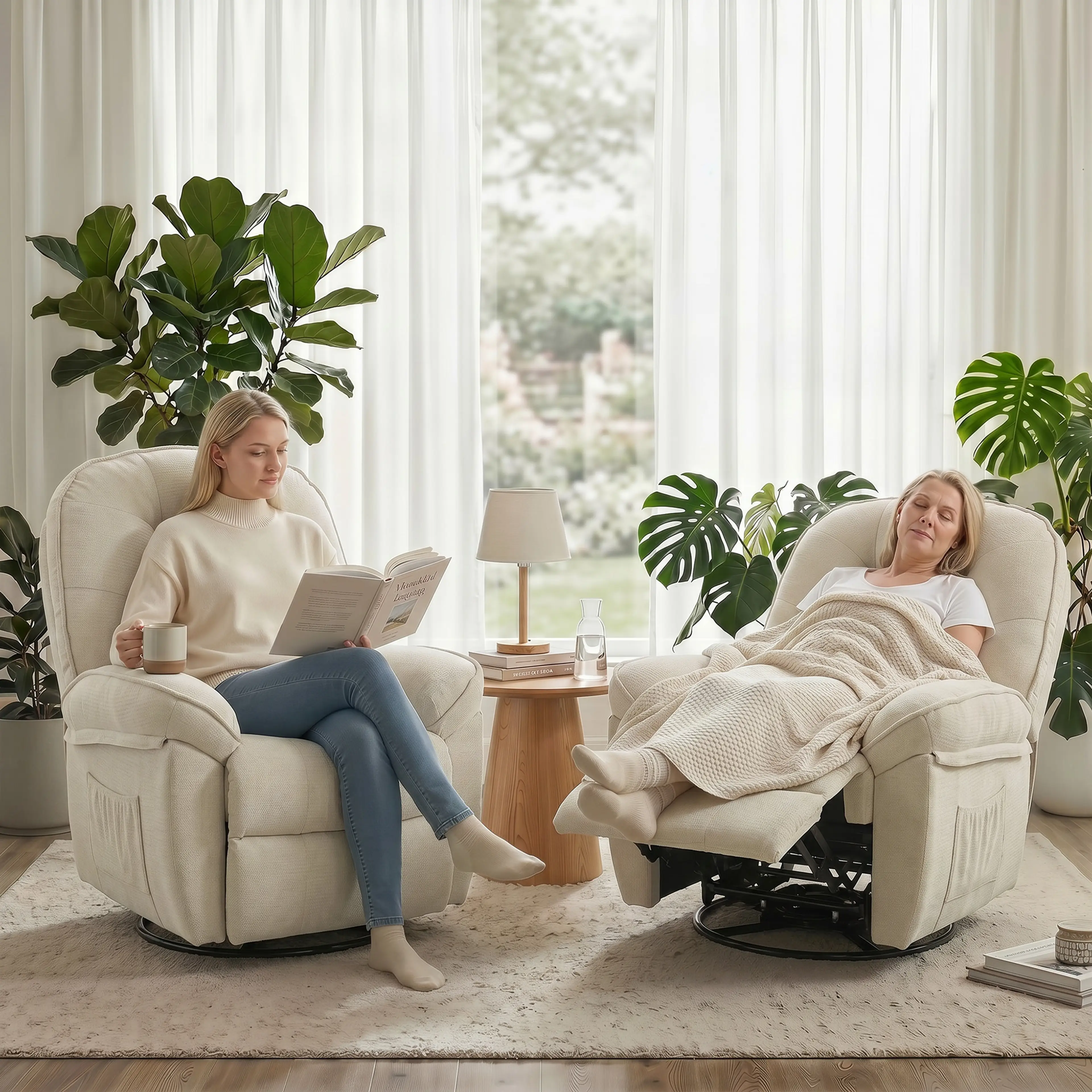 Tv-fåtölj i chenille med inbyggt fotstöd och gungning – beige – bild 4