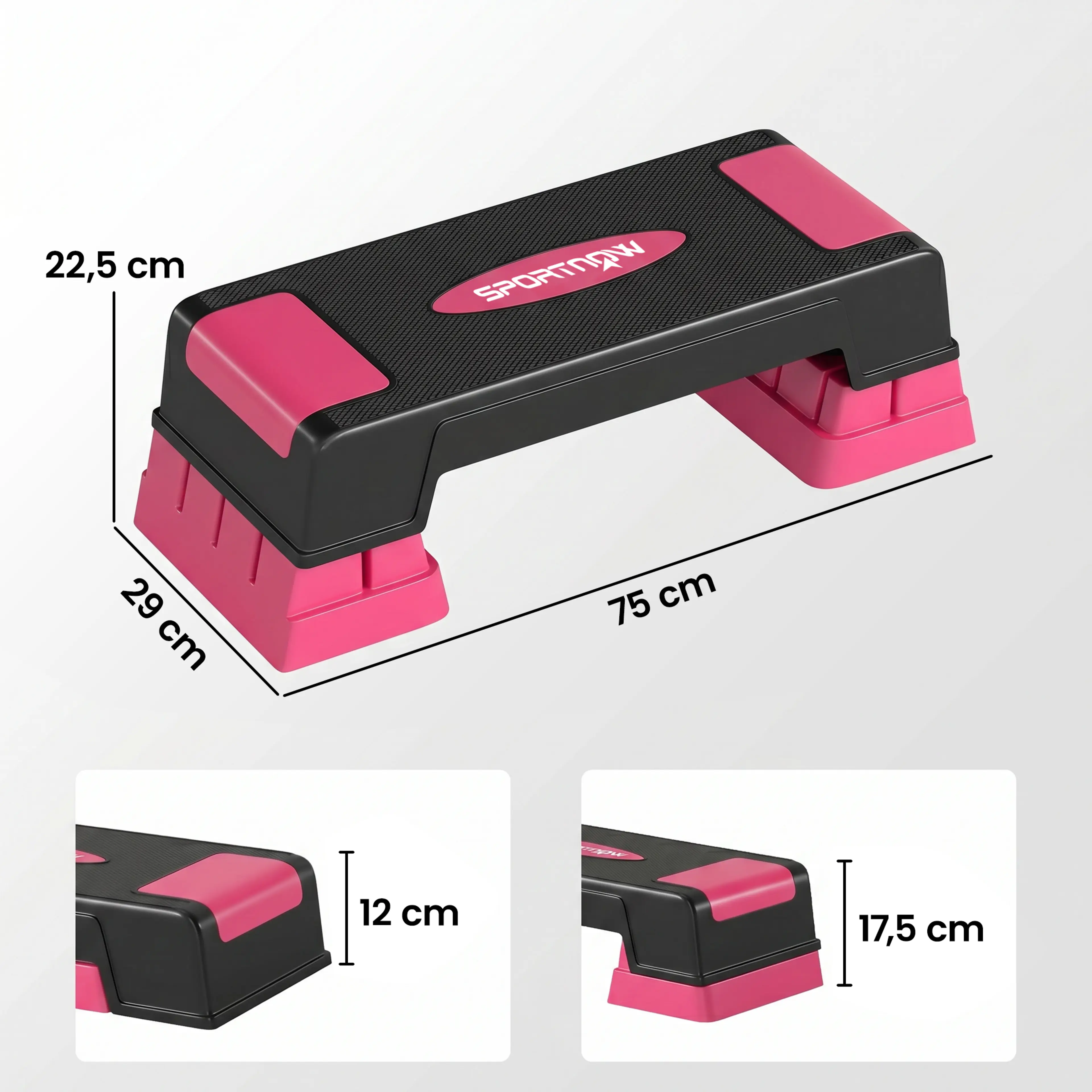 Måttskiss över stepbrädan: 75 cm lång, 29 cm bred och 12 till 22,5 cm hög