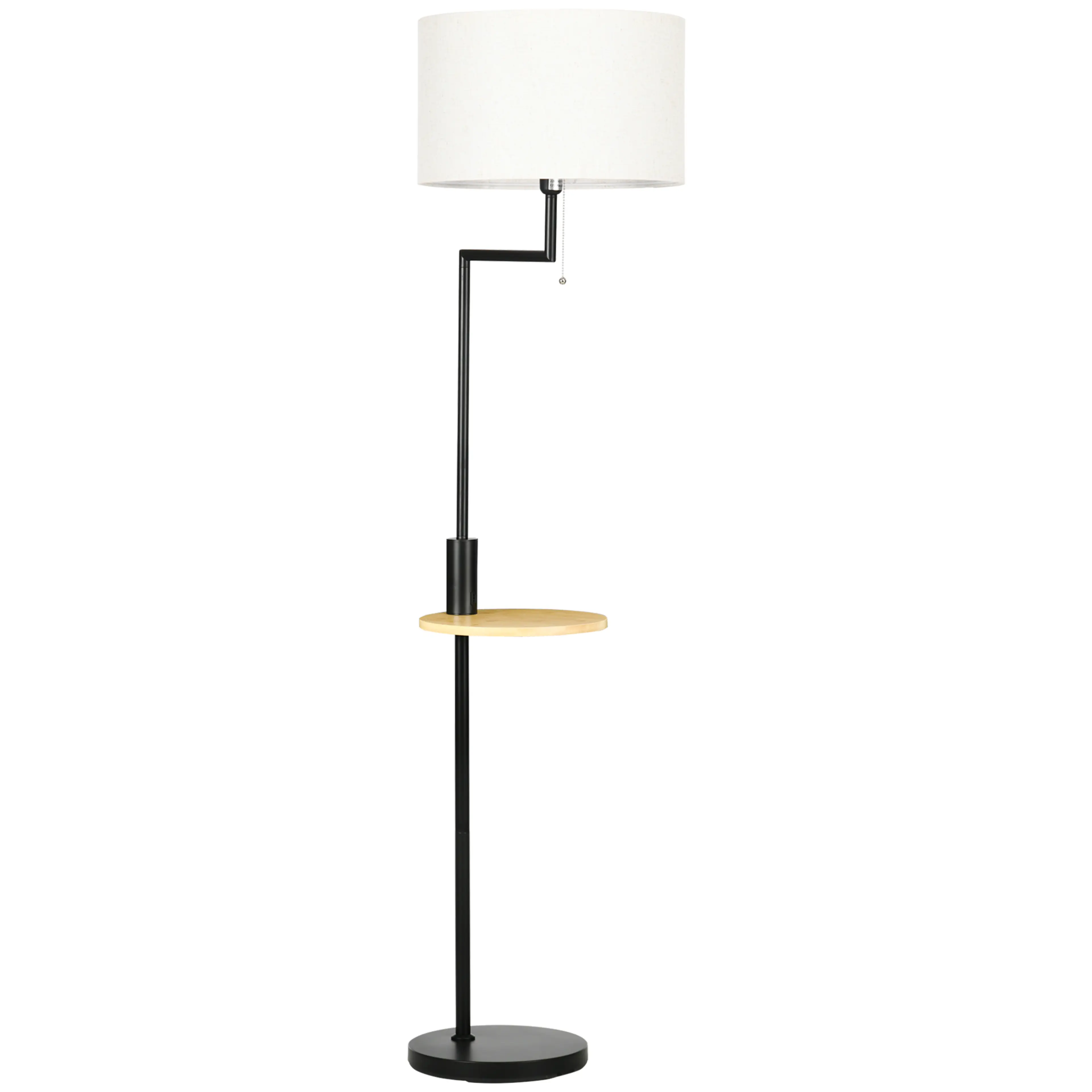 Golvlampa med sidoarm, tygskärm och rund bambuhylla på stången, mot vit bakgrund