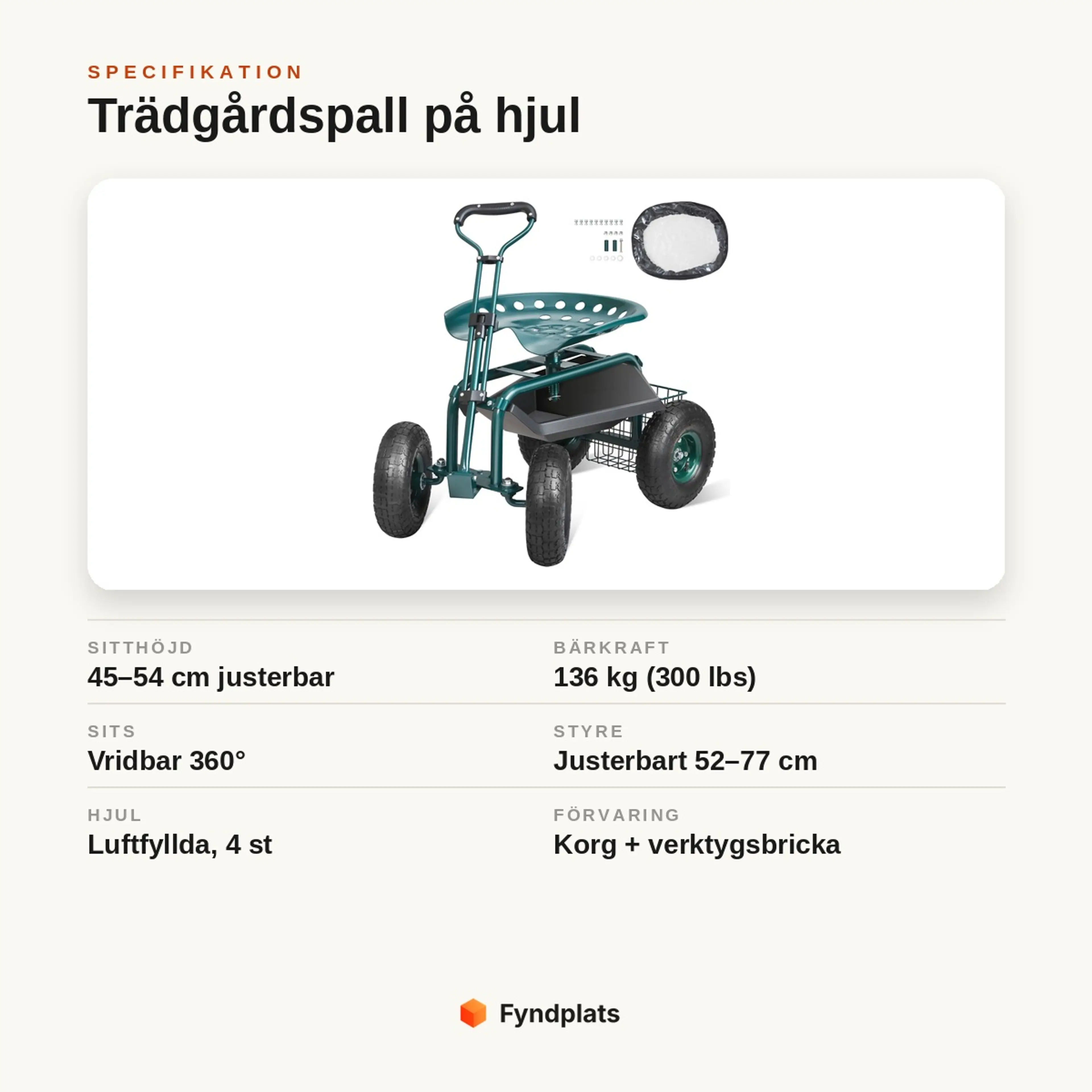 Specifikation: trädgårdspall på hjul med 360° vridbar sits, 45–54 cm sitthöjd och 136 kg bärkraft