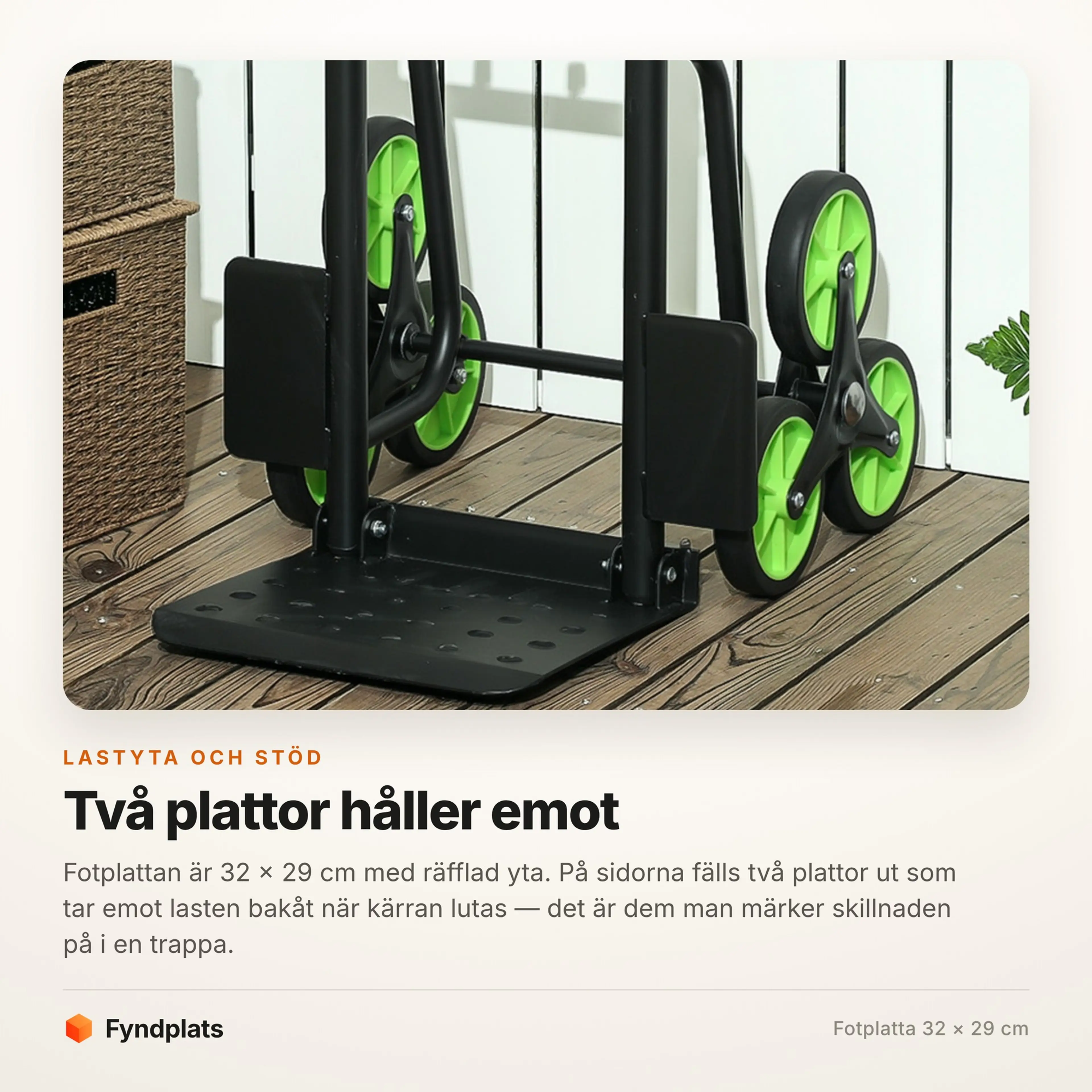 Fotplattan 32 × 29 cm och de två utfällbara stödplattorna på sidorna