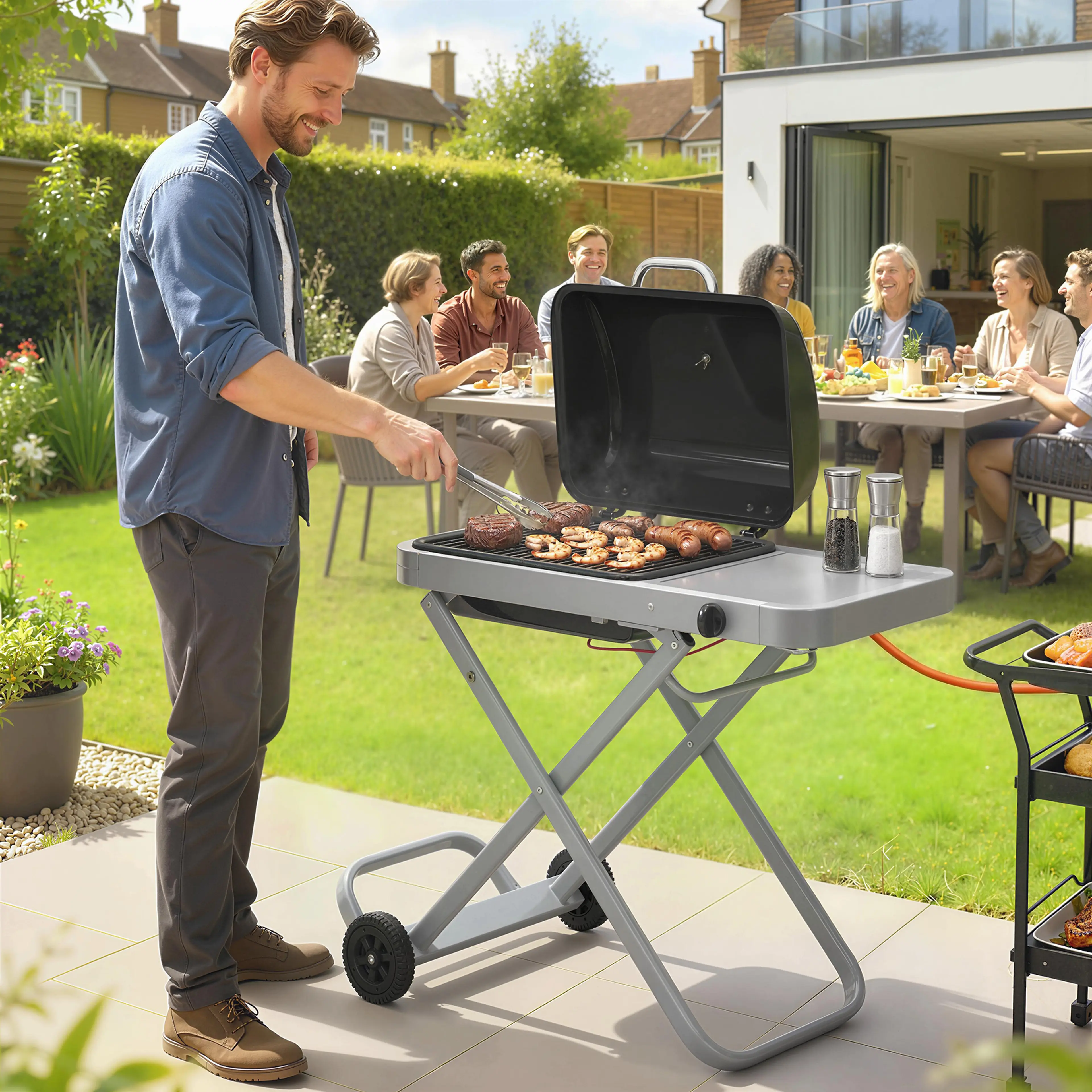 Den hopfällbara gasolgrillen i bruk i en trädgård med mat på gallret