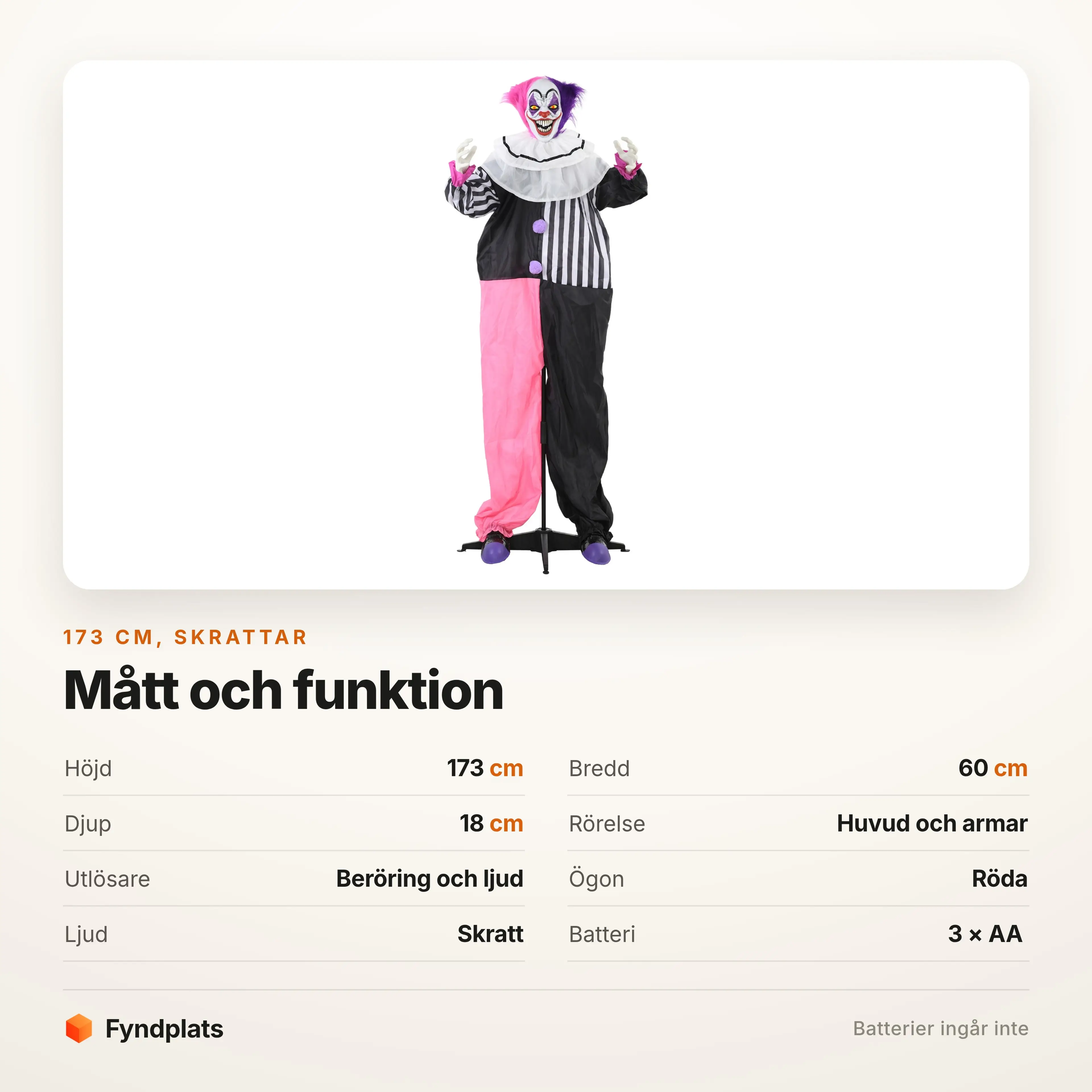 Specifikation: 173 cm hög, rör huvud och armar, skrattar
