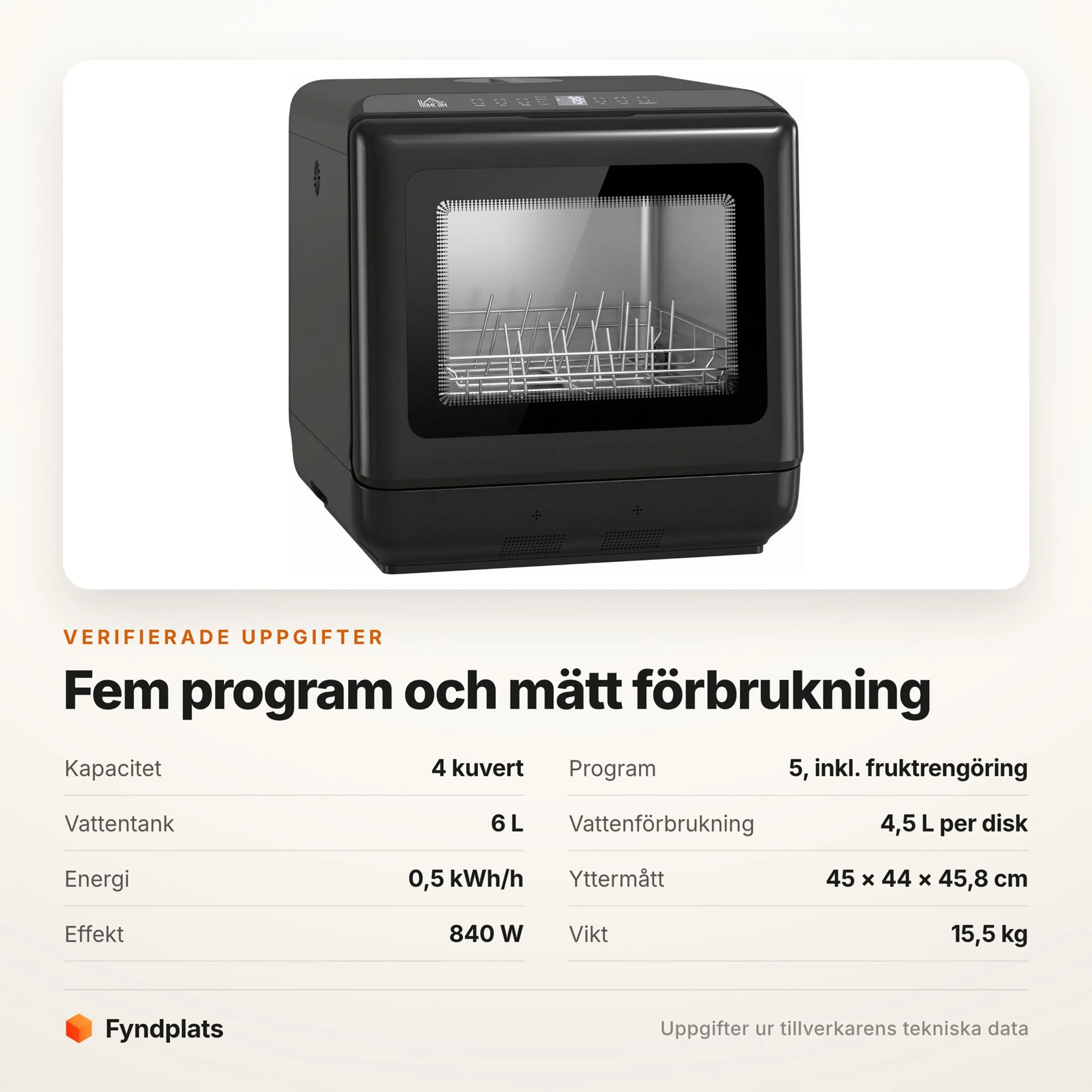 Specifikationer för bordsdiskmaskinen: fem program inklusive fruktrengöring, 4,5 liter vatten per disk