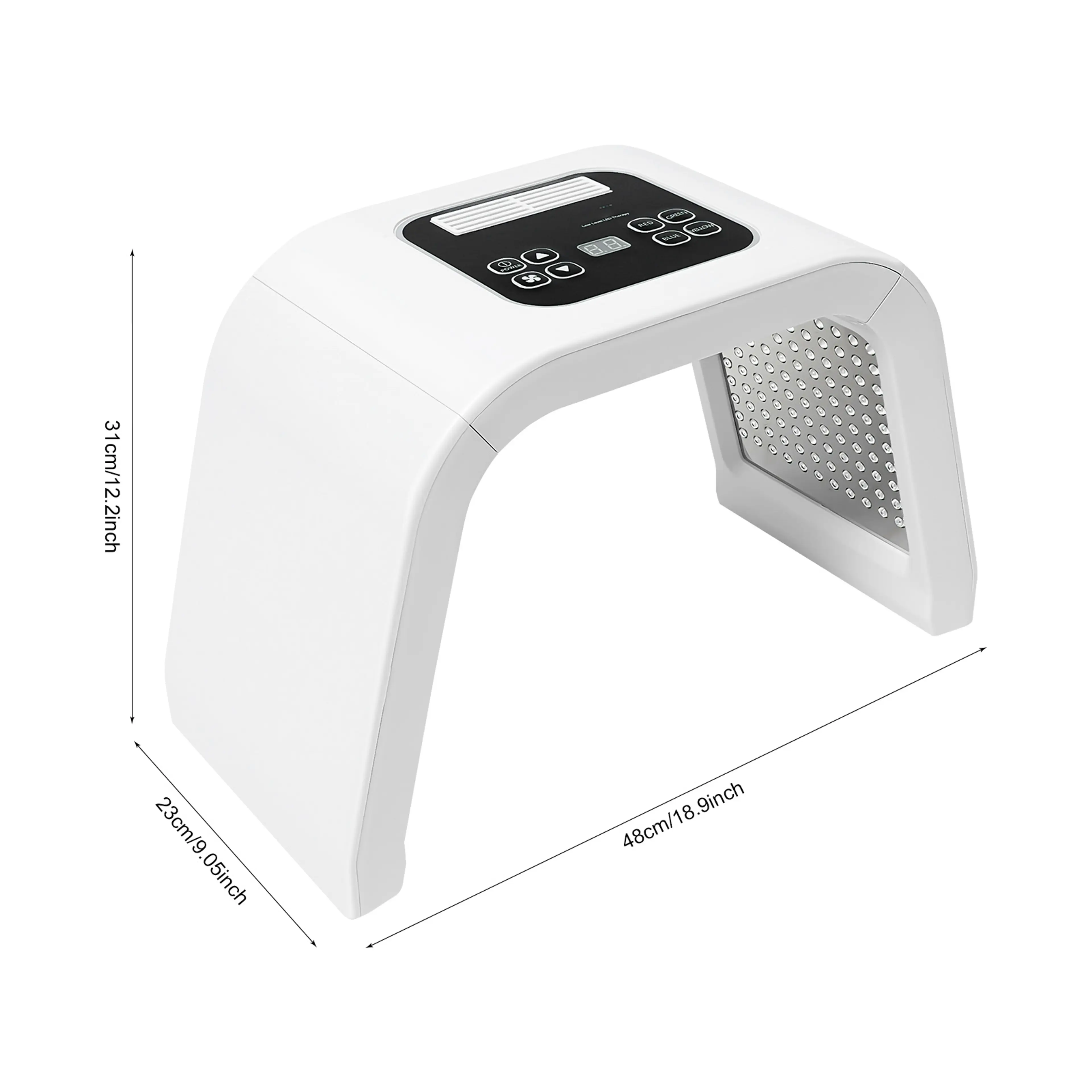 Måttbild för LED-ljusterapilampan: 48 cm bred, 31 cm hög och 23 cm djup