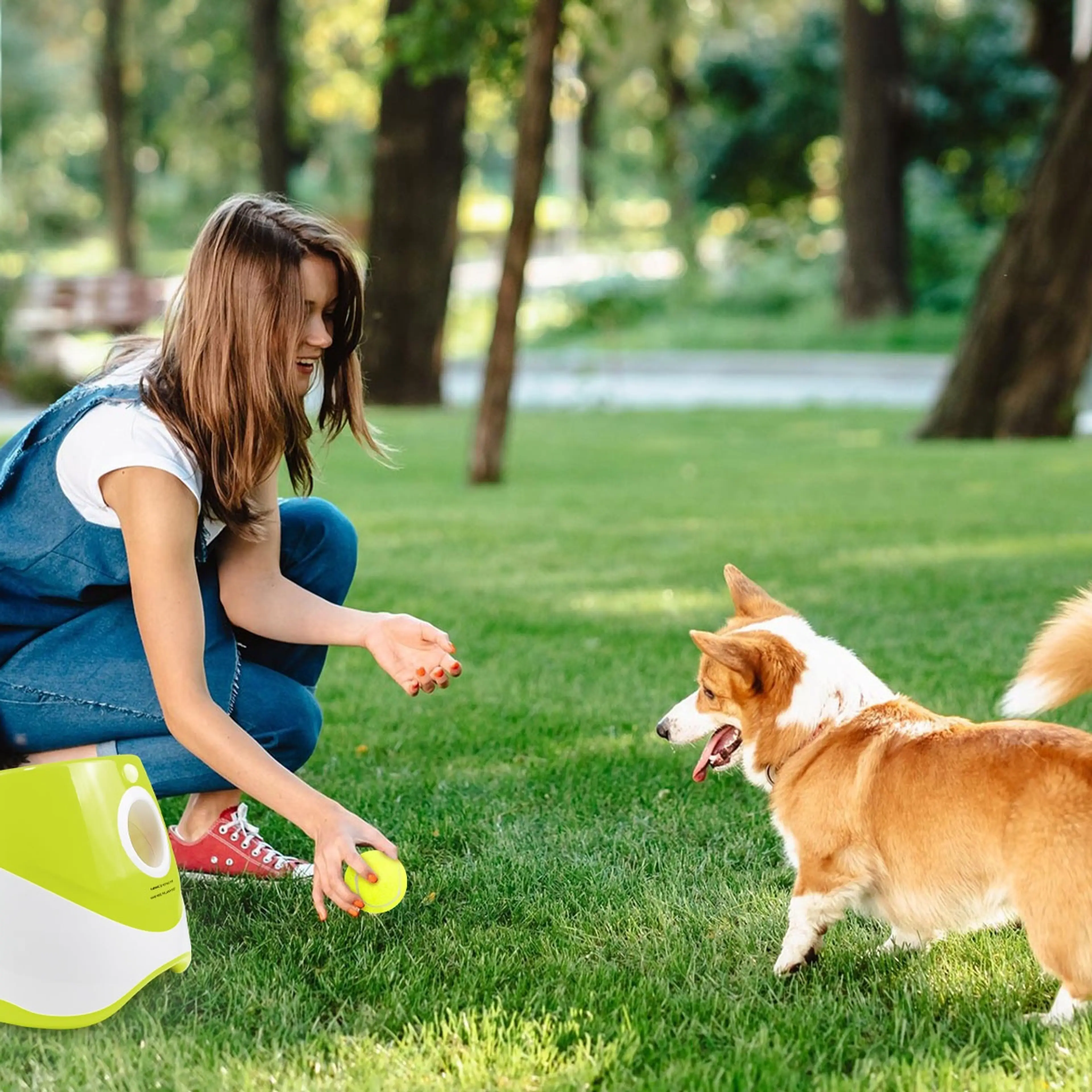 Kvinna och corgi leker med bollkastaren på en gräsmatta i en park
