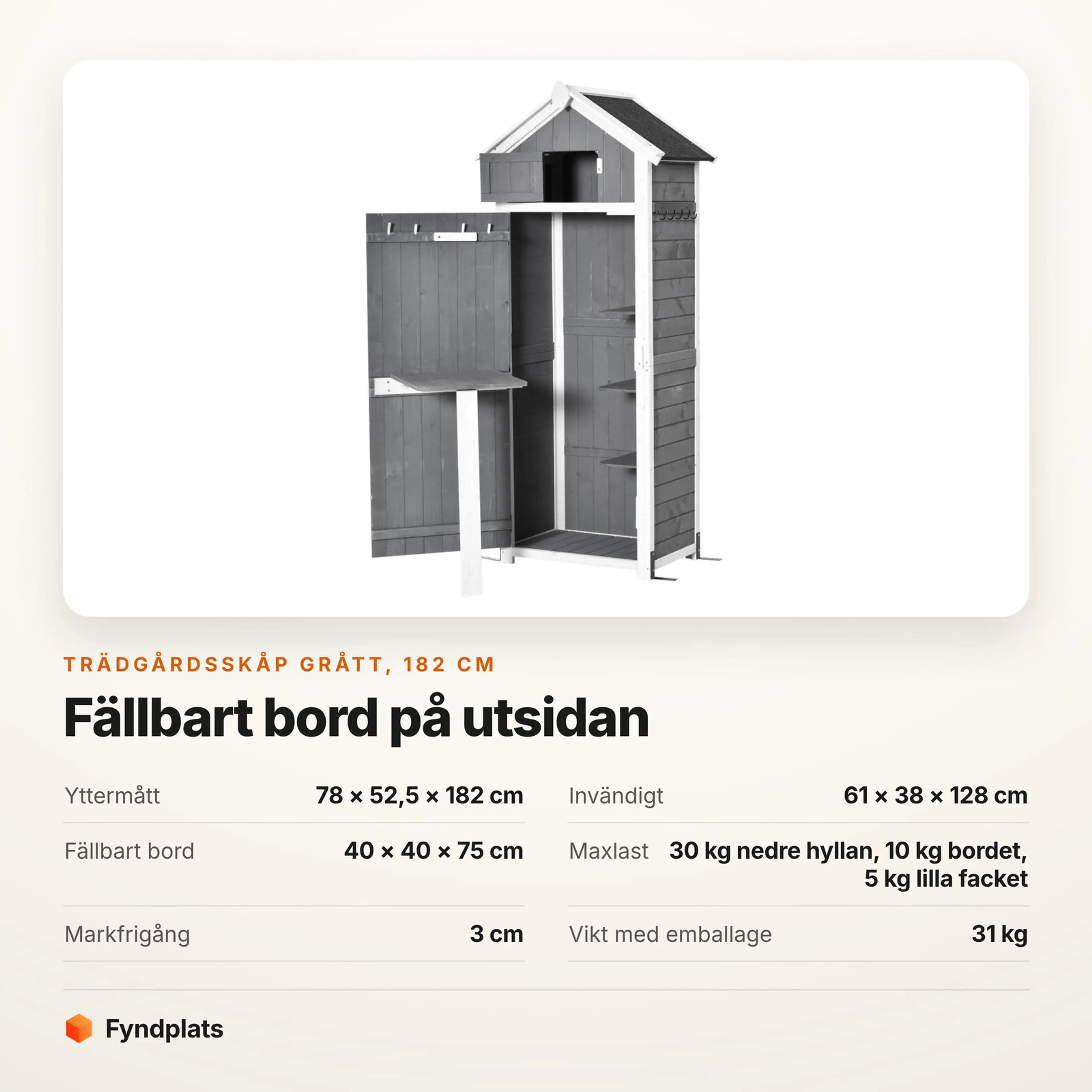 Faktakort: grått trädgårdsskåp 182 cm, mått, det fällbara bordet och tre maxlaster