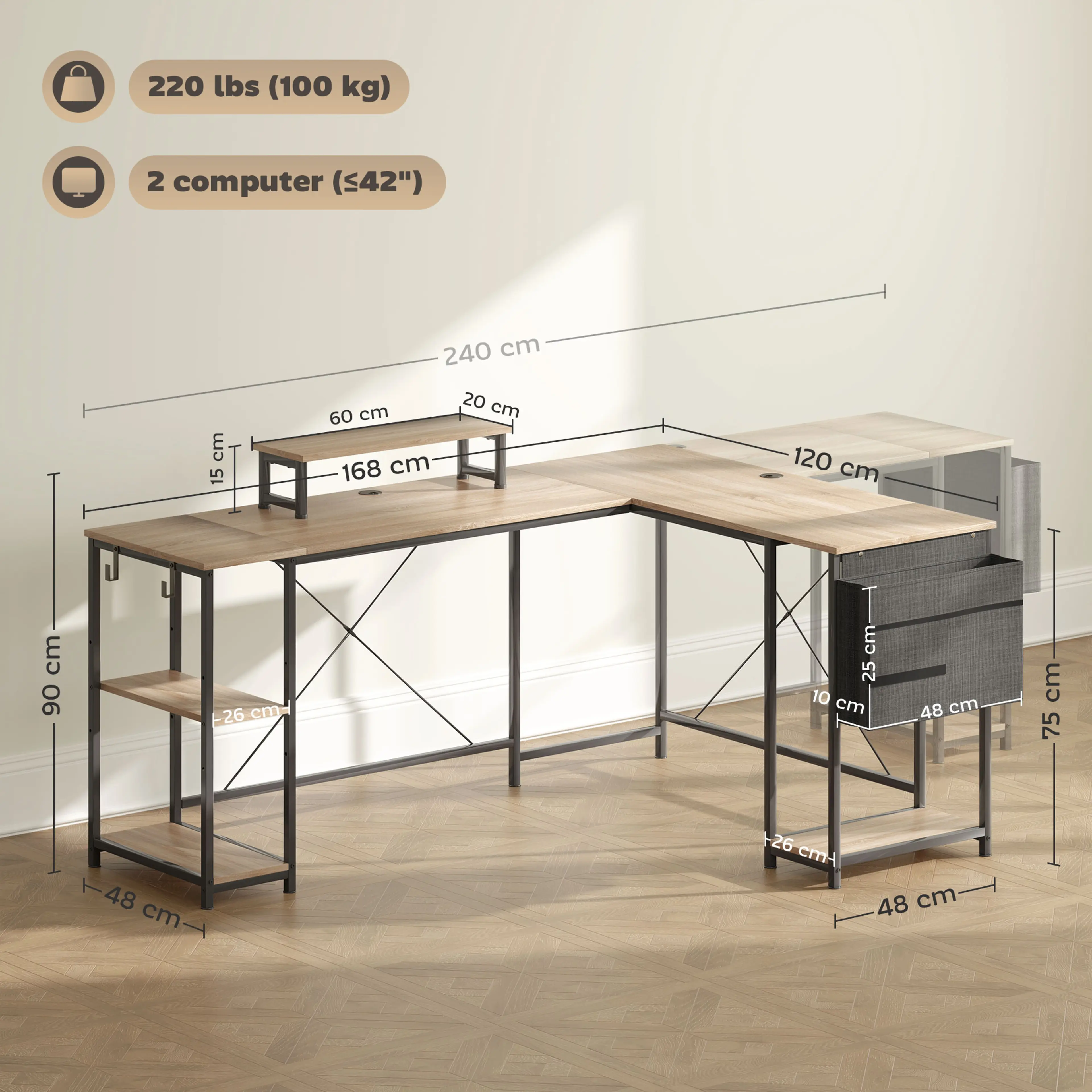 Hörnskrivbord 168 cm eller 240 cm rakt – ljus ekton – bild 7