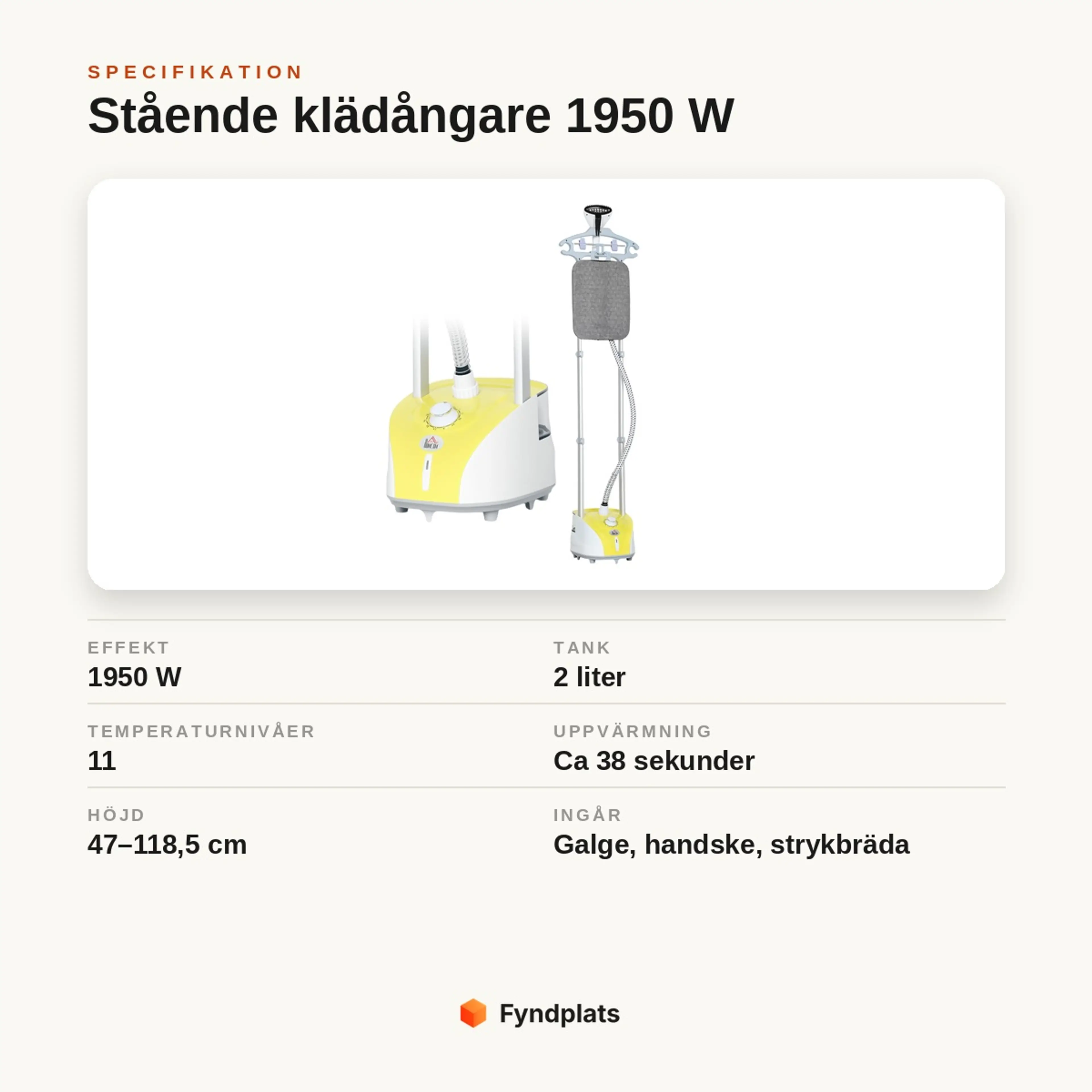Specifikationskort: stående klädångare 1950 W med 2 L tank, 11 temperaturnivåer, uppvärmning på ca 38 sekunder