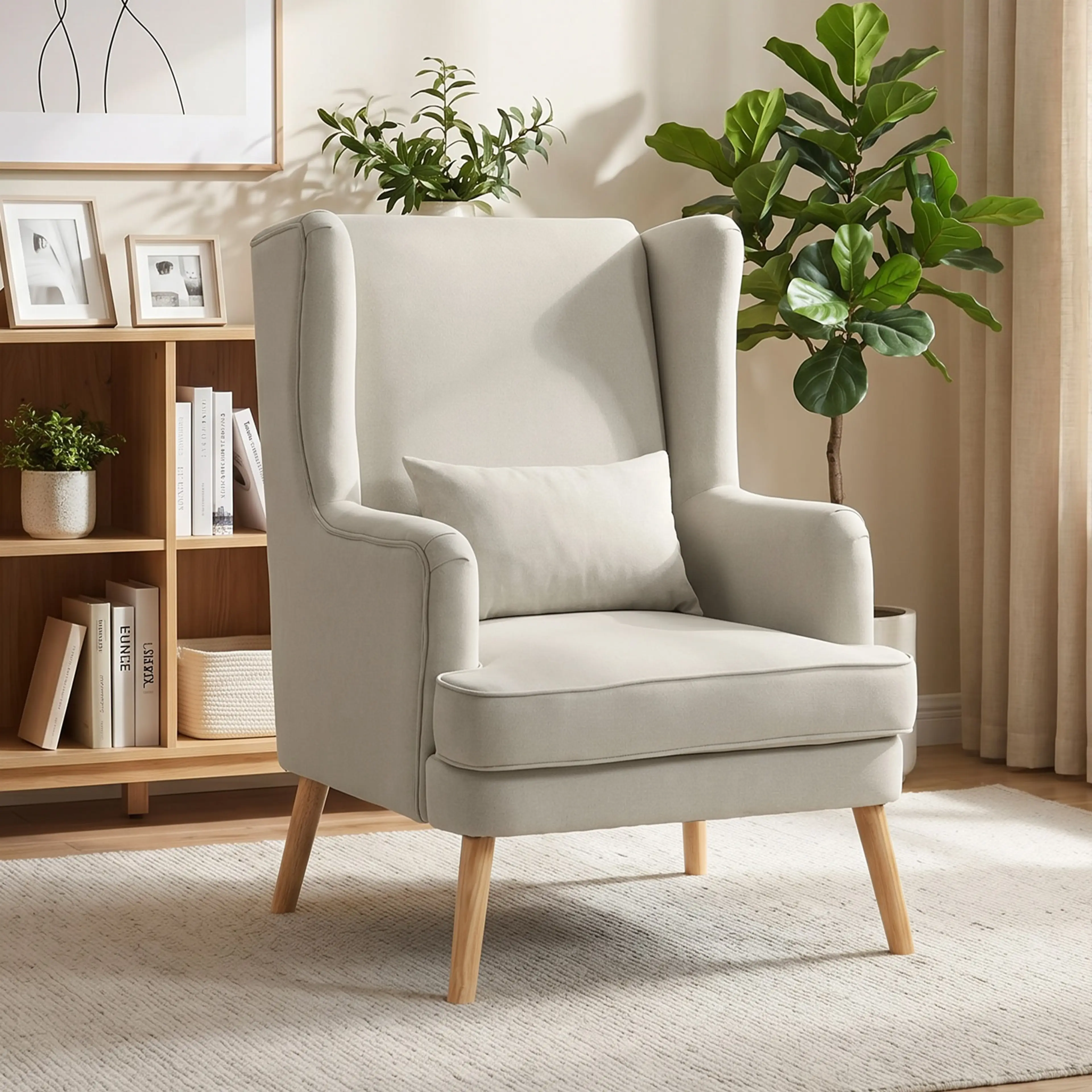 Beige öronlappsfåtölj framför en bokhylla med krukväxter och tavlor