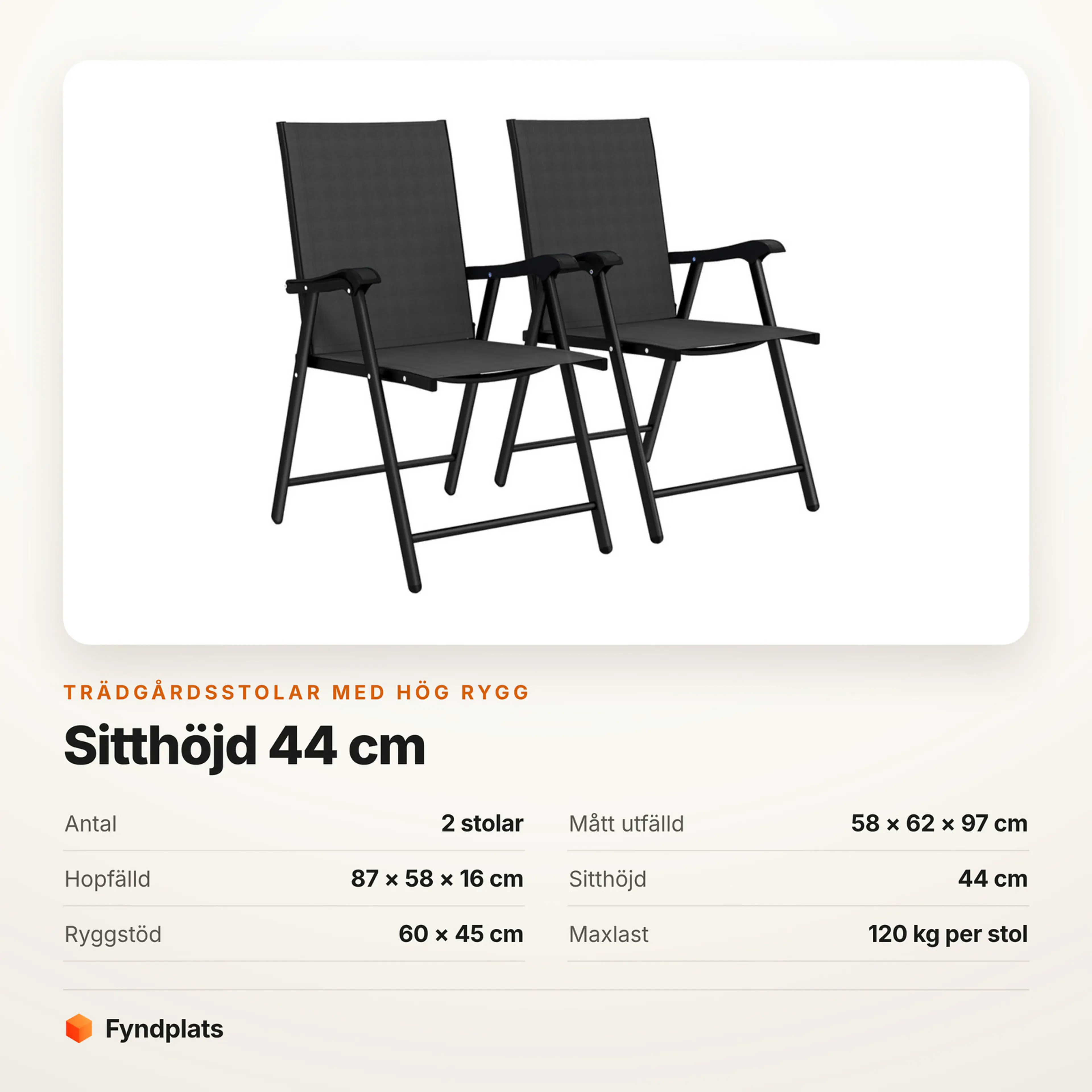 Faktakort: trädgårdsstolar 2-pack, mått, sitthöjd och maxlast